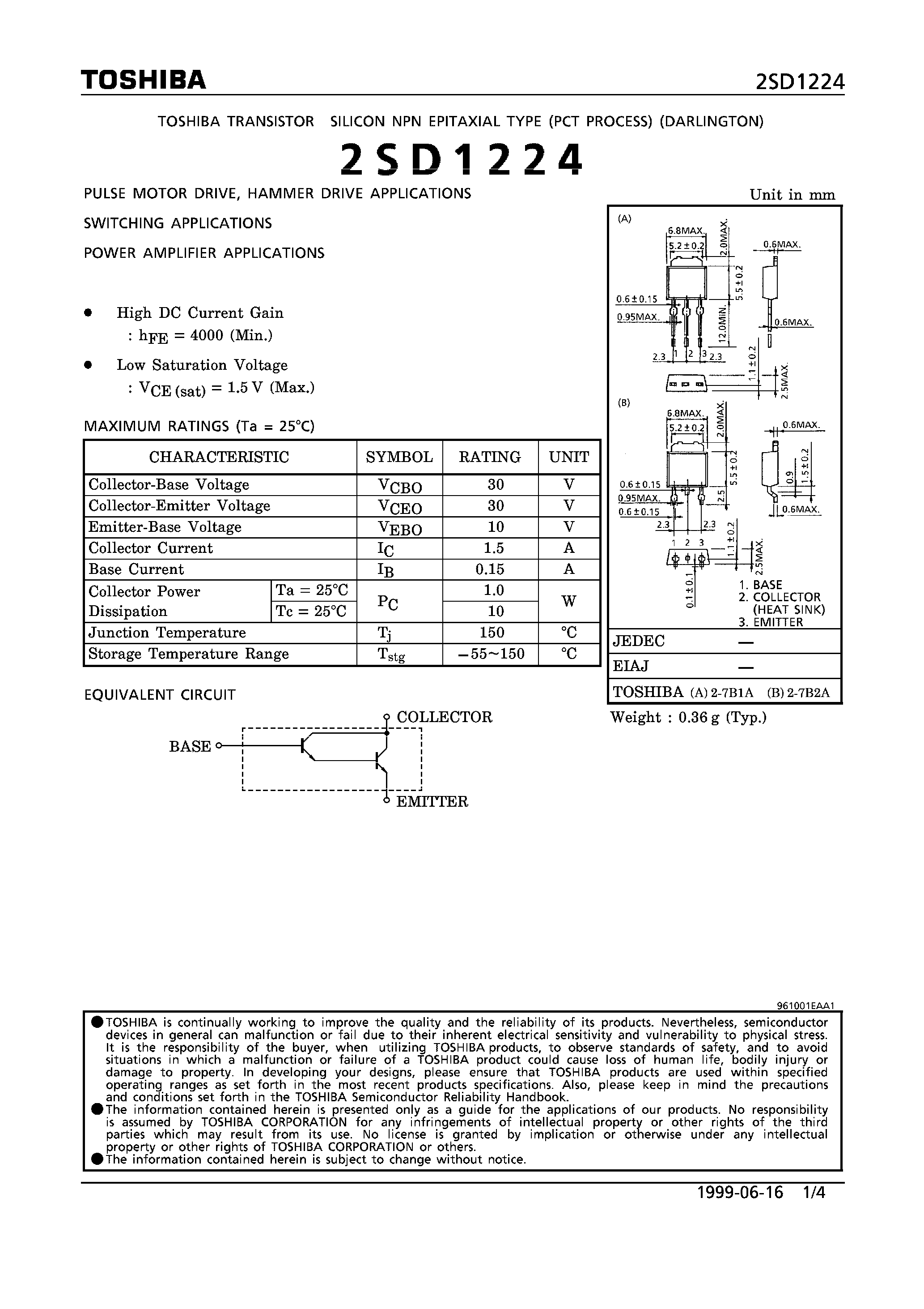 Даташит 2SD1224 - NPN EPITAXIAL TYPE (PULSE MOTOR DRIVE/ HAMMER DRIVE/ SWITCHING/ POWER AMPLIFIER APPLICATIONS) страница 1