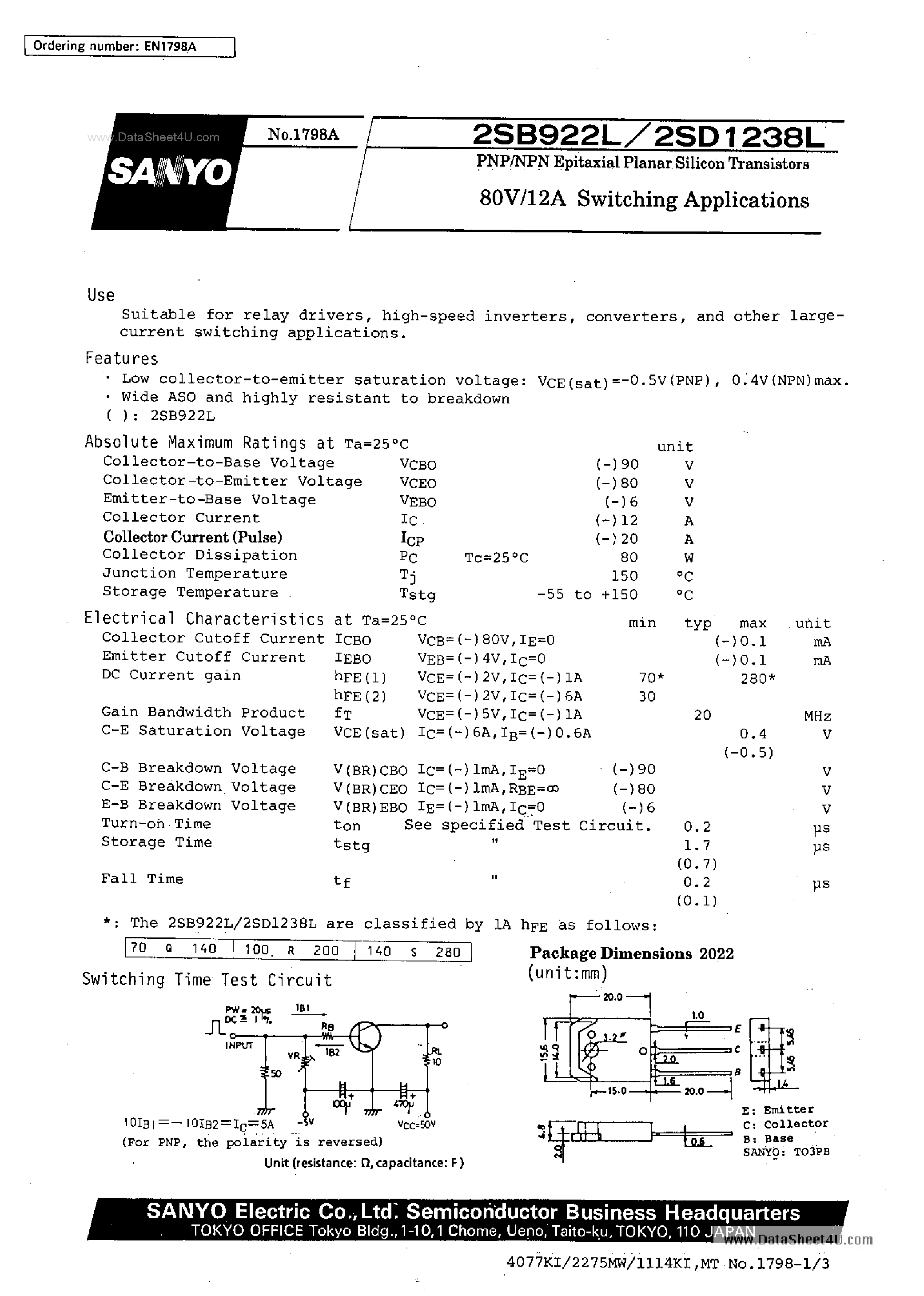 Даташит 2SD1238L - 80V/12A Switching Applications страница 1