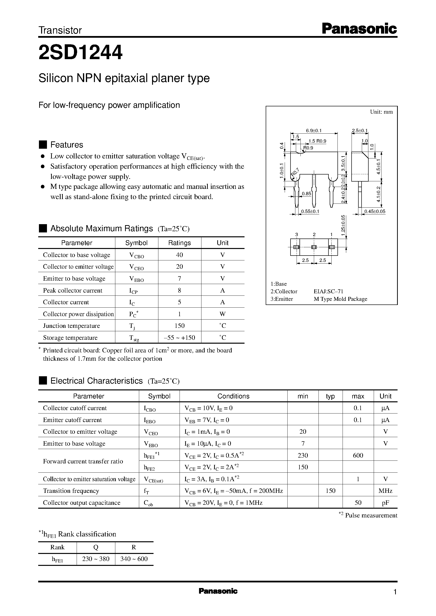 Даташит 2SD1244 - Silicon NPN epitaxial planer type(For low-frequency power amplification) страница 1