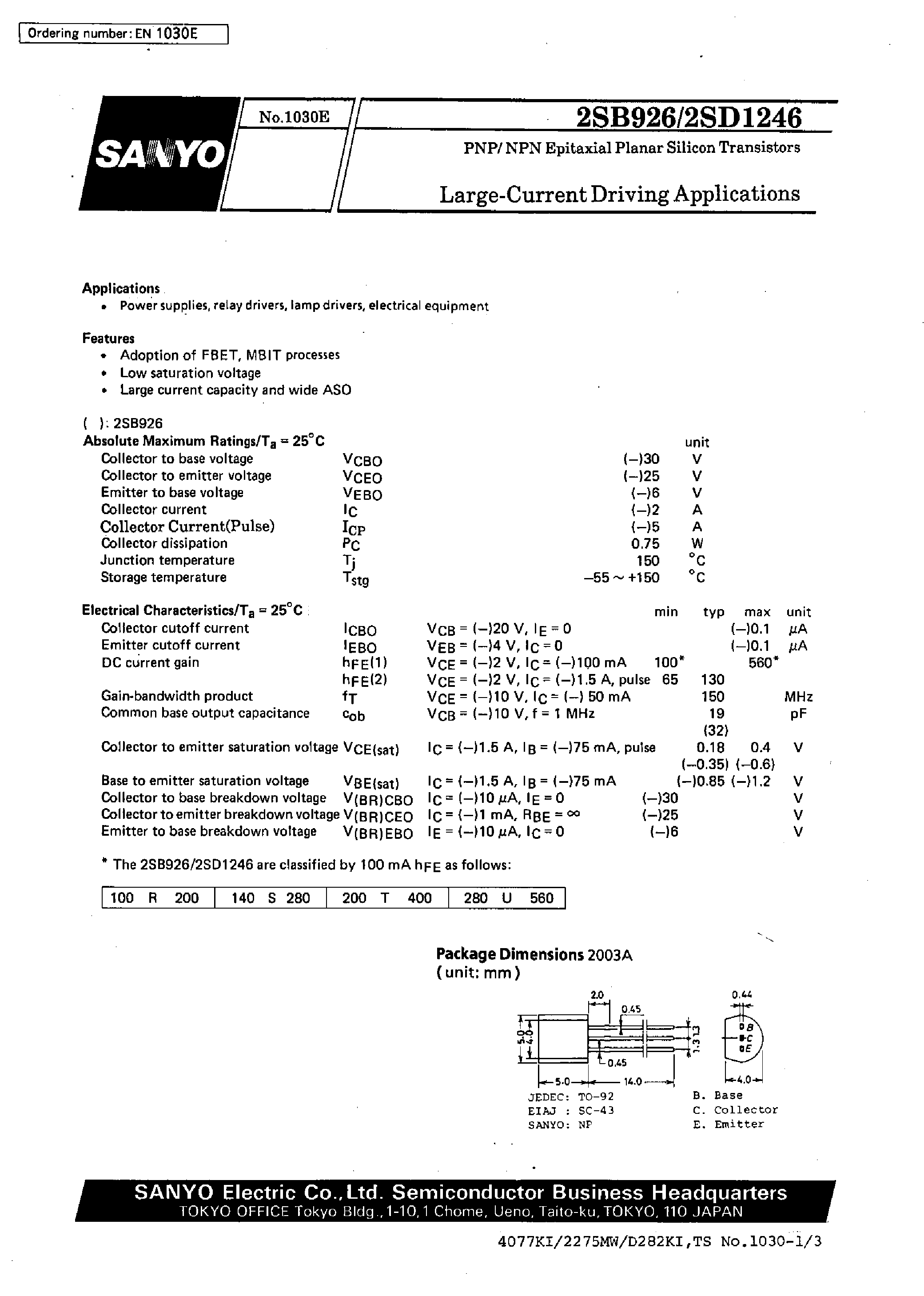 Даташит 2SD1246 - Large-Current Driving Applications страница 1