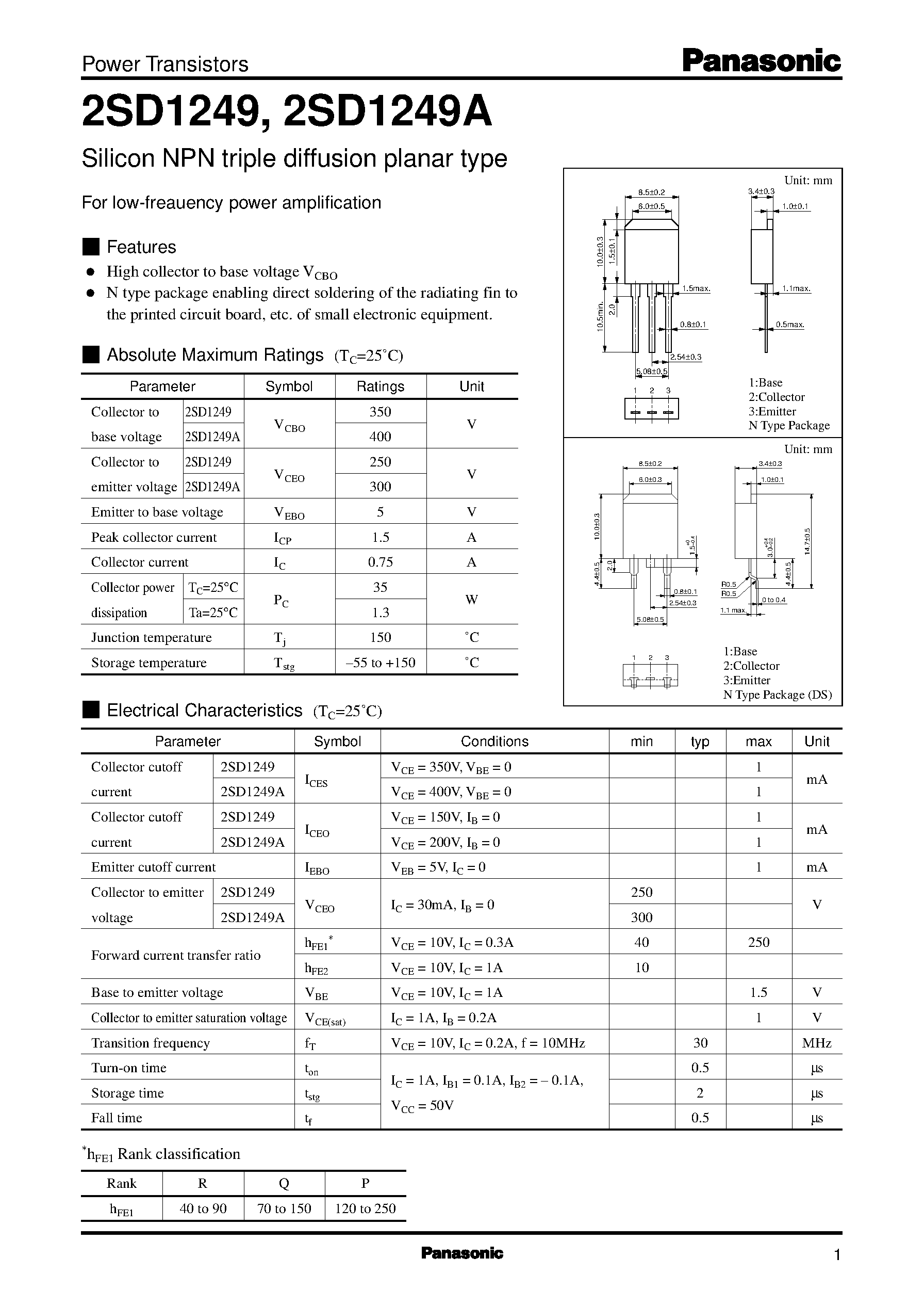 Даташит 2SD1249 - Silicon NPN triple diffusion planar type(For low-freauency power amplification) страница 1