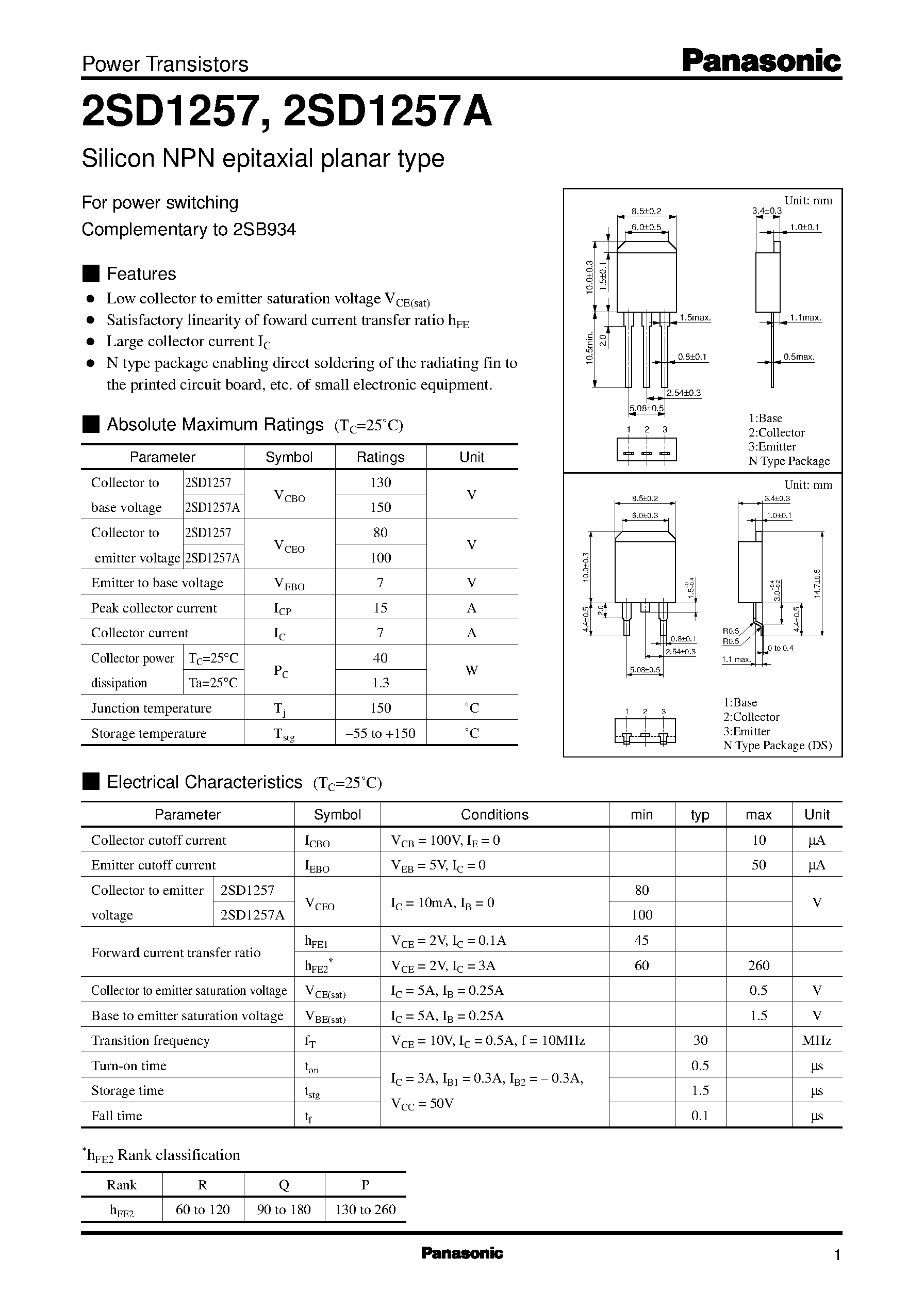 Даташит 2SD1257 - Silicon NPN epitaxial planar type(For power switching) страница 1