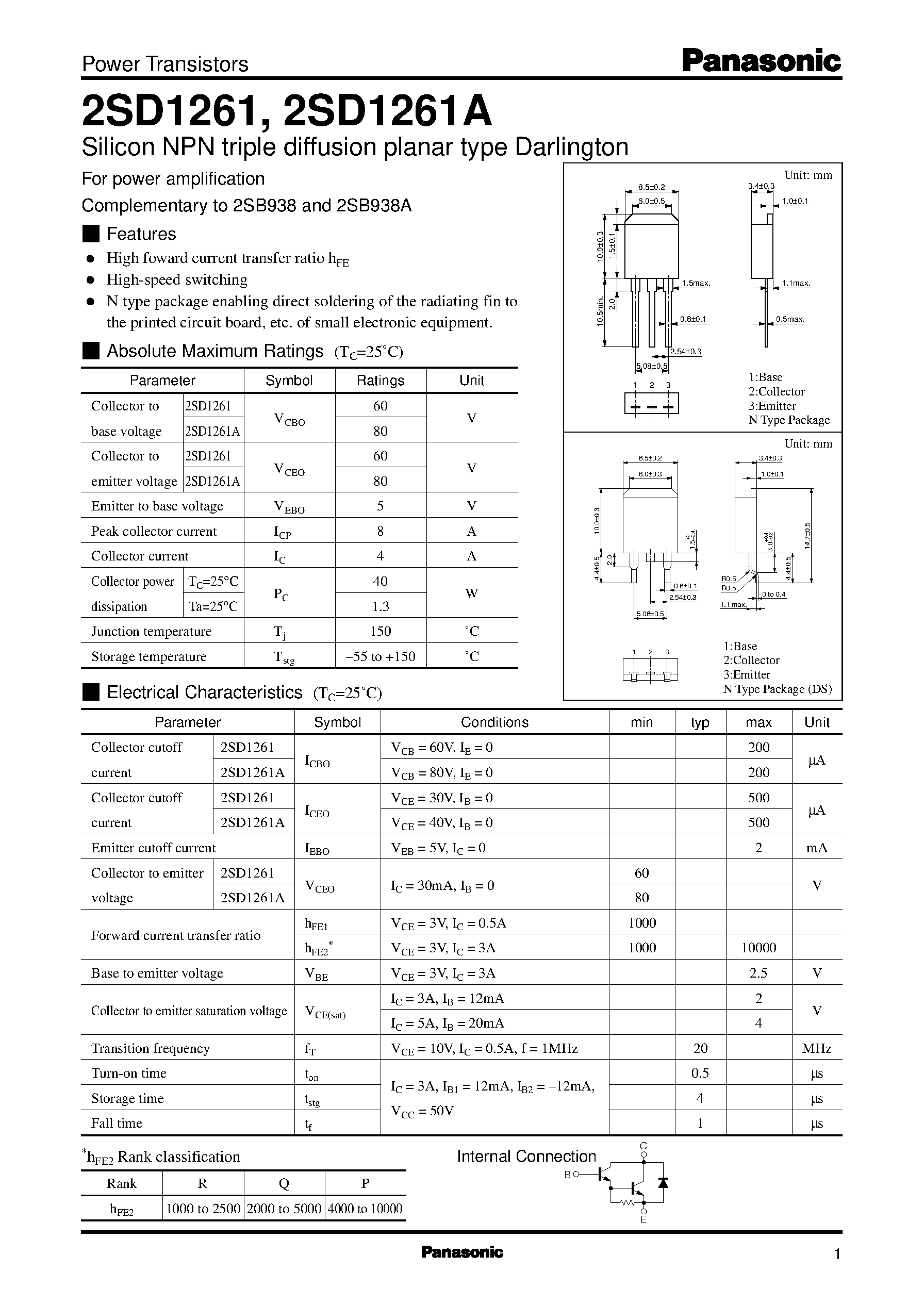 Даташит 2SD1261 - Silicon PNP epitaxial planar type Darlington(For power amplification and switching) страница 1