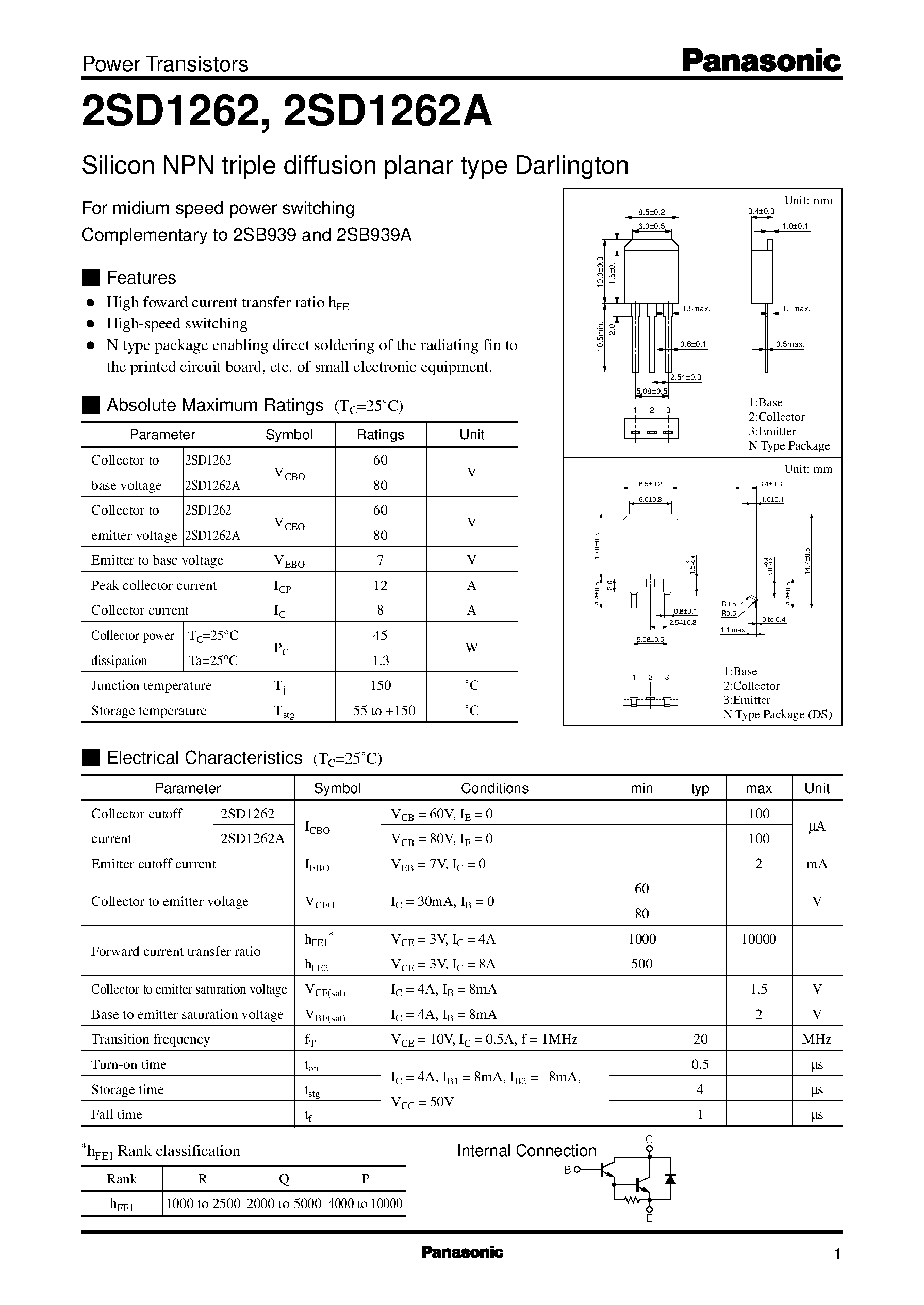 Даташит 2SD1262 - Silicon PNP epitaxial planar type Darlington страница 1