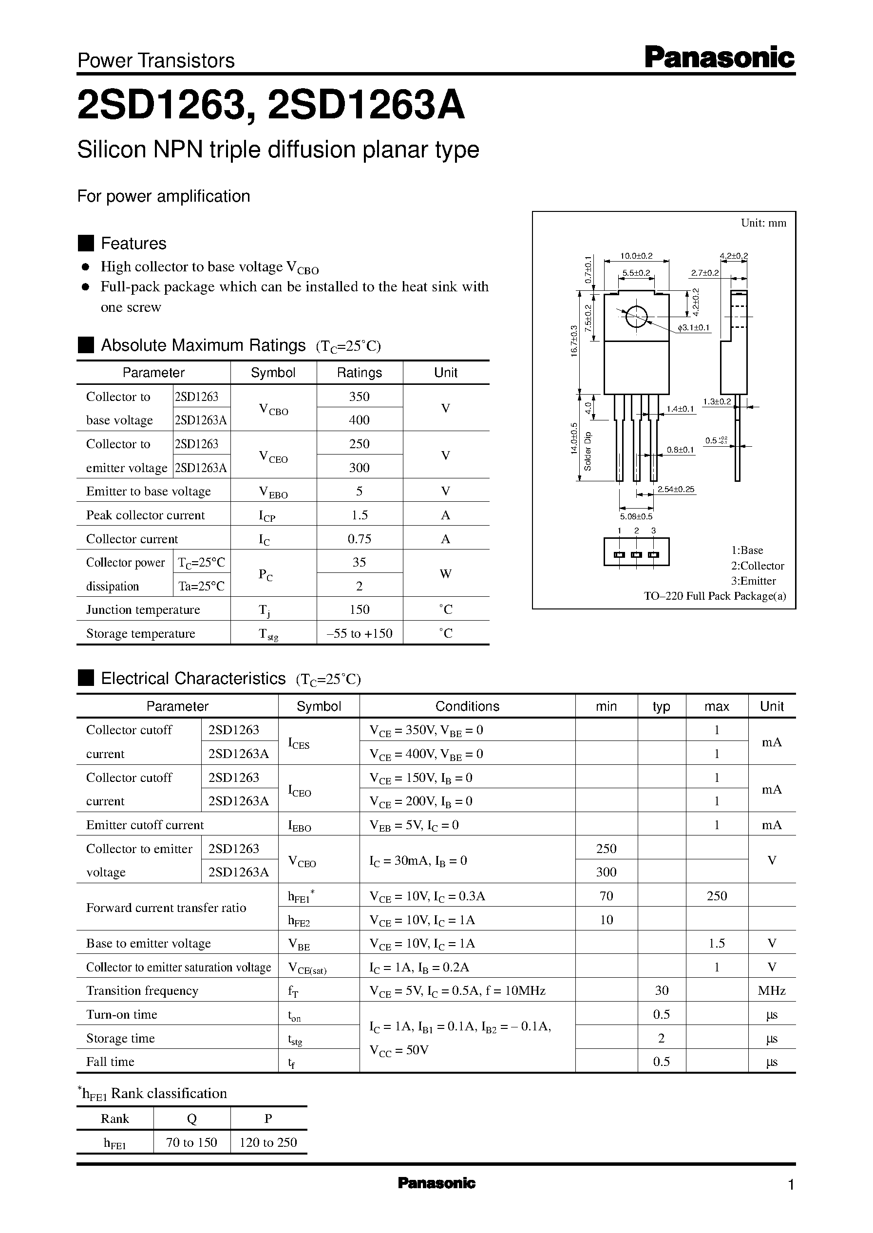 Даташит 2SD1263 - Silicon NPN triple diffusion planar type(For power amplification) страница 1