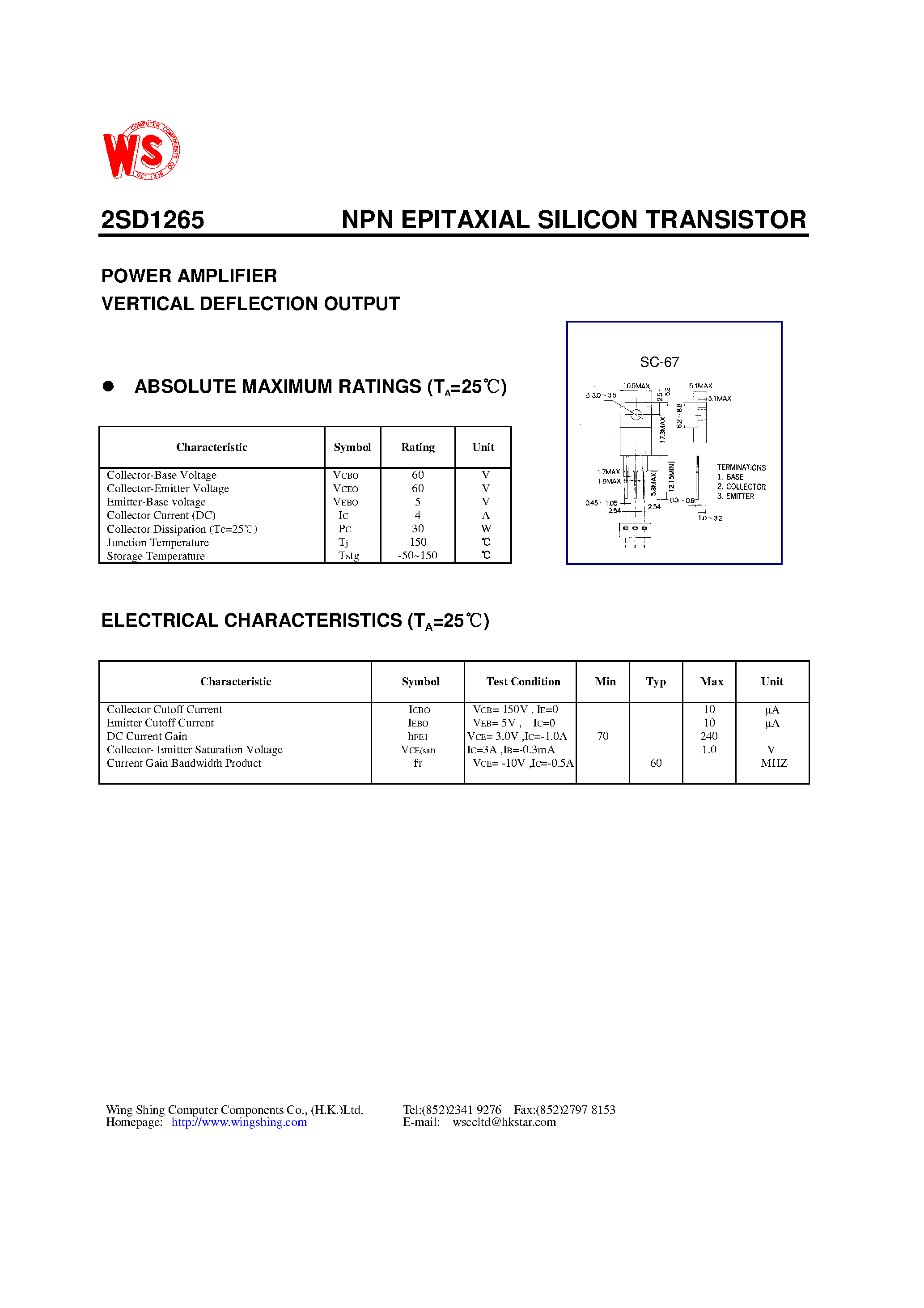 Даташит 2SD1265 - NPN EPITAXIAL SILICON TRANSISTOR(POWER AMPLIFIER VERTICAL DEFLECTION OUTPUT) страница 1