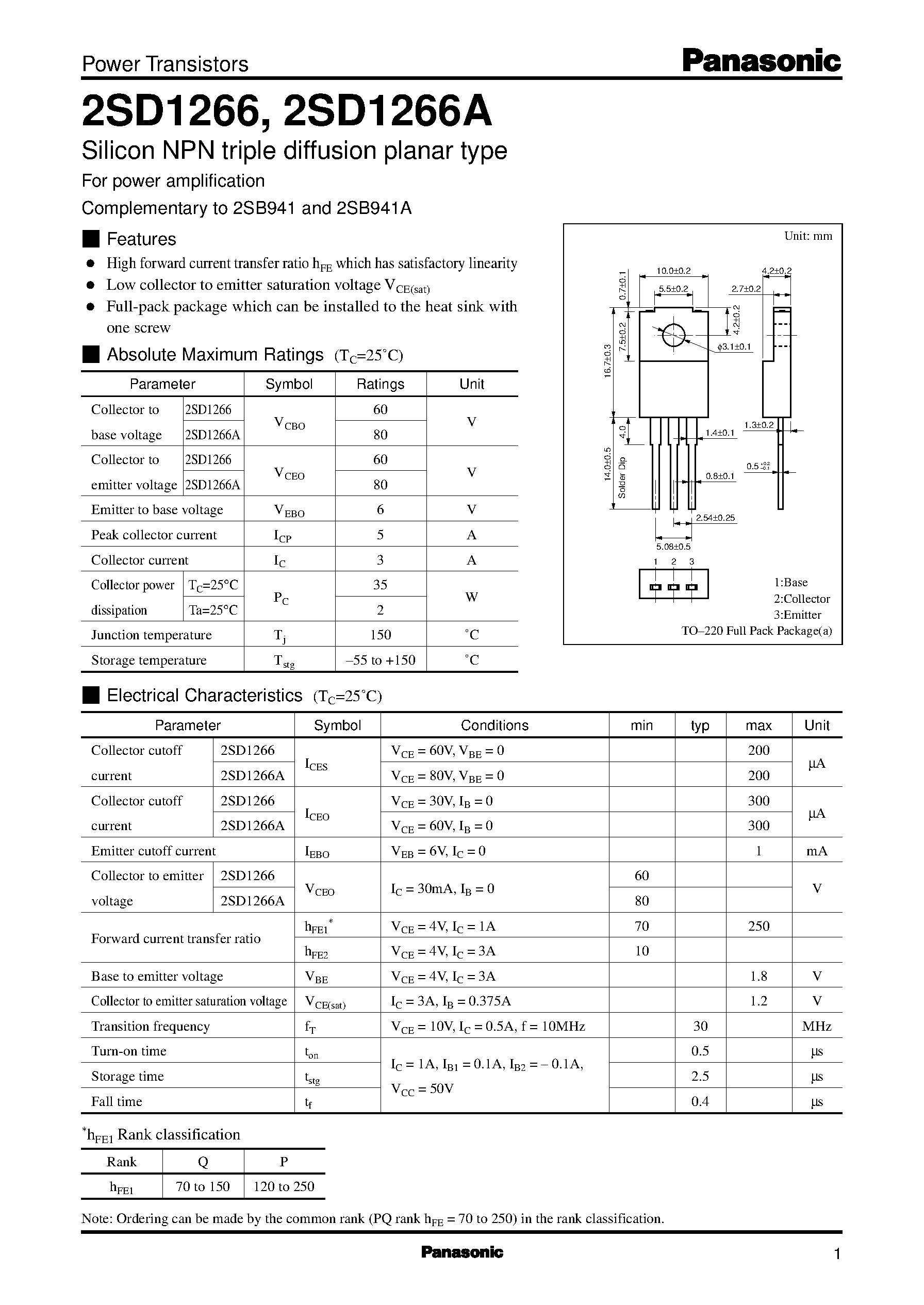 Даташит 2SD1266 - Silicon PNP epitaxial planar type(For low-frequency power amplification) страница 1