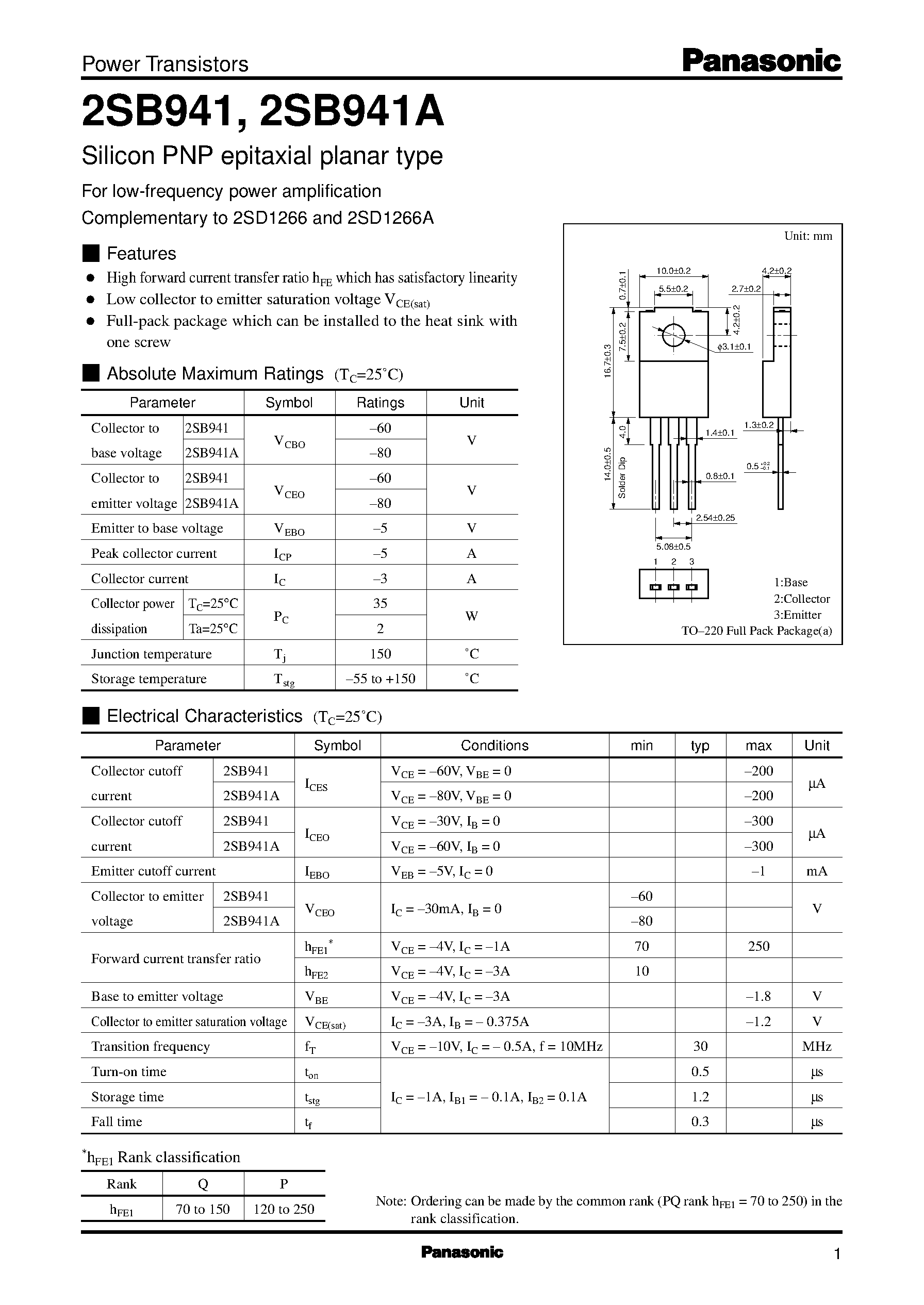 Даташит 2SD1266A - Silicon NPN triple diffusion planar type(For power amplification) страница 1