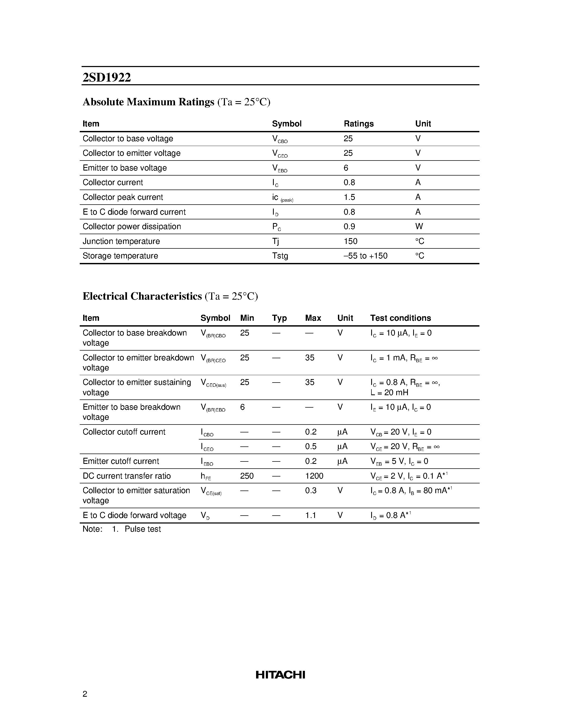 Даташит 2SD1922 - Silicon NPN Epitaxial страница 2