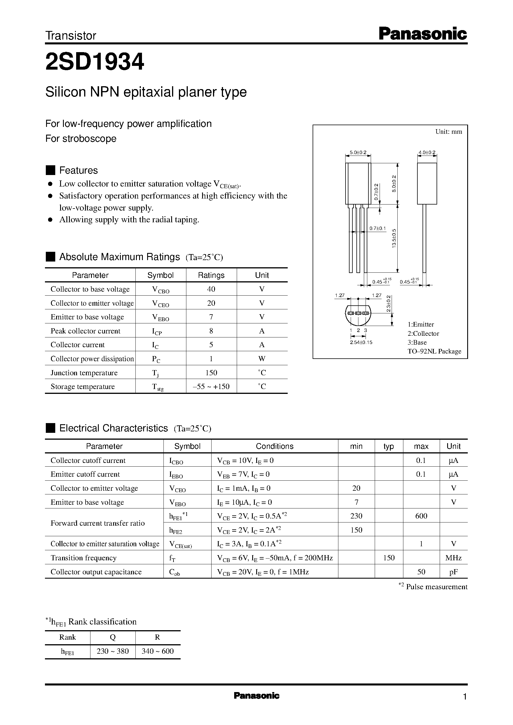 Даташит 2SD1934 - Silicon NPN epitaxial planer type(For low-frequency power amplification) страница 1