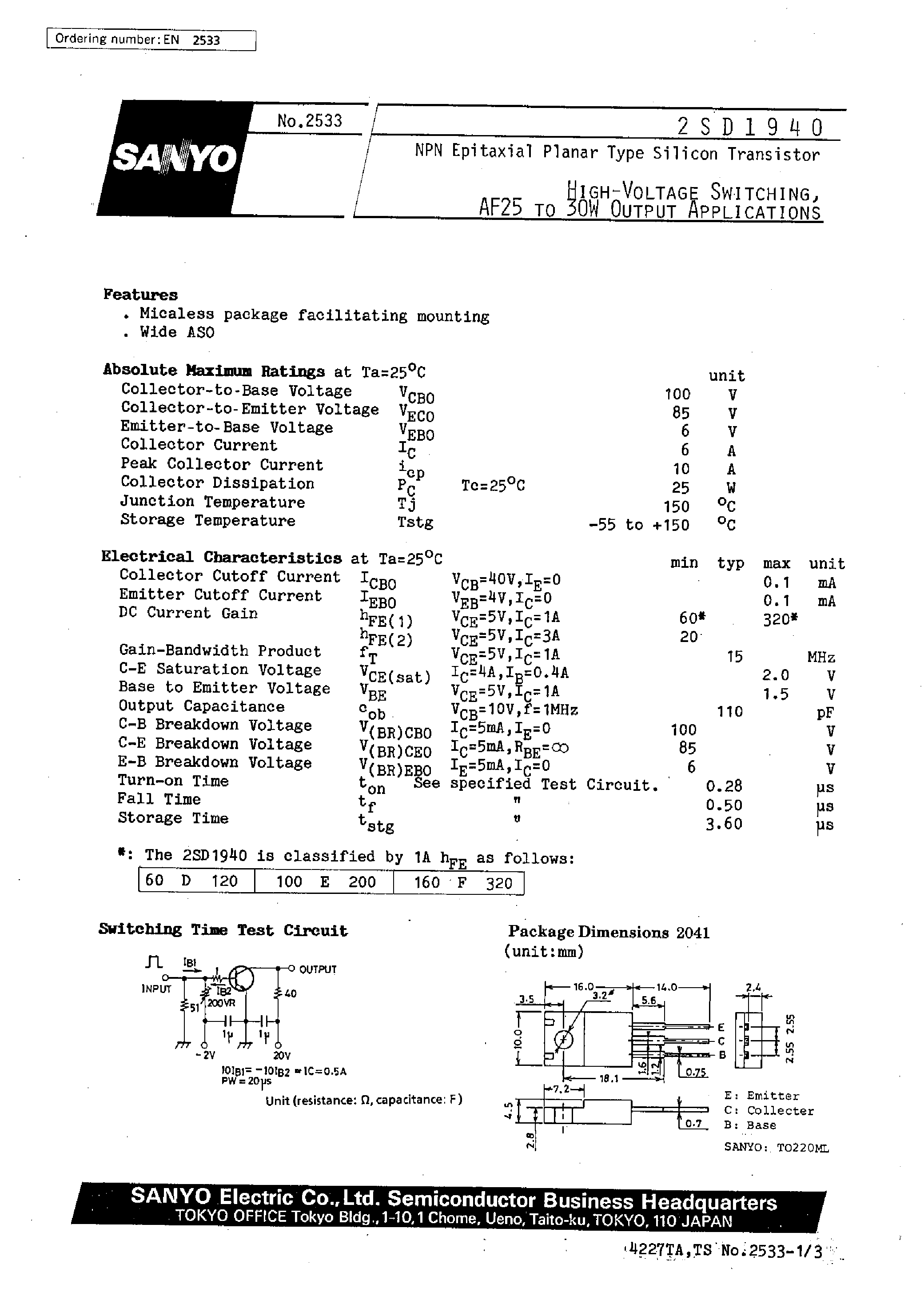 Даташит 2SD1940 - High-Voltage Switching/ AF25 to 30W Output Applications страница 1