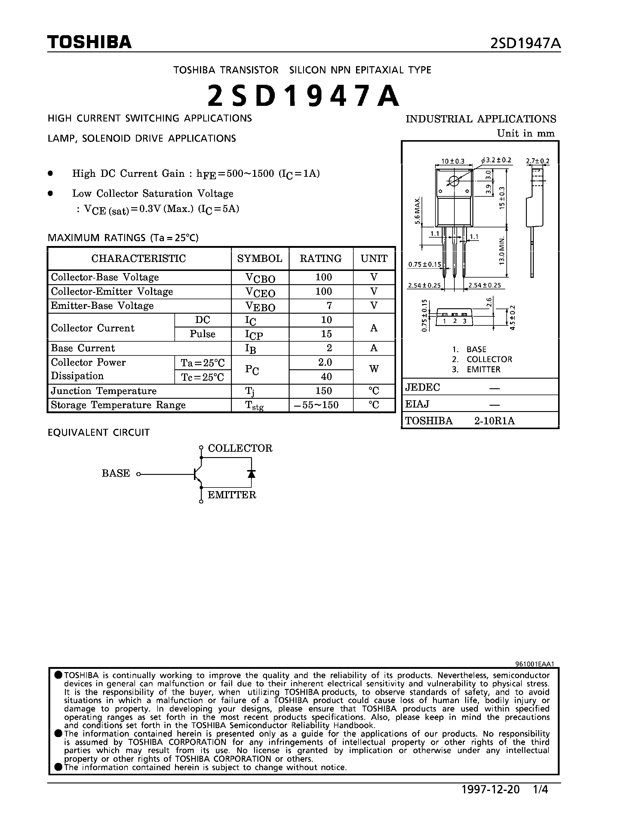 Даташит 2SD1947A - NPN EPITAXIAL TYPE (HIGH CURRENT SWITCHING/ LAMP/ SOLENOID DRIVE APPLICATIONS) страница 1