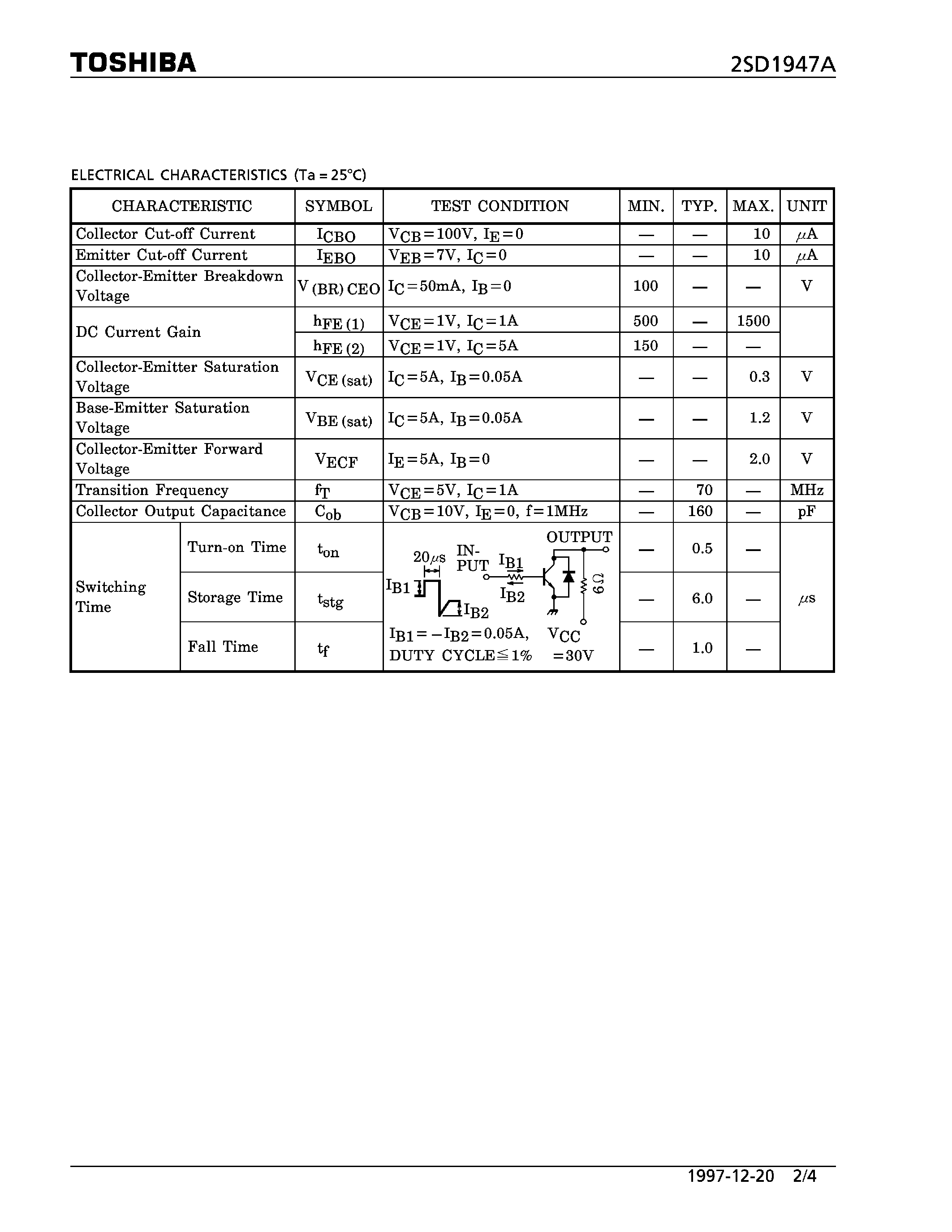 Даташит 2SD1947A - NPN EPITAXIAL TYPE (HIGH CURRENT SWITCHING/ LAMP/ SOLENOID DRIVE APPLICATIONS) страница 2