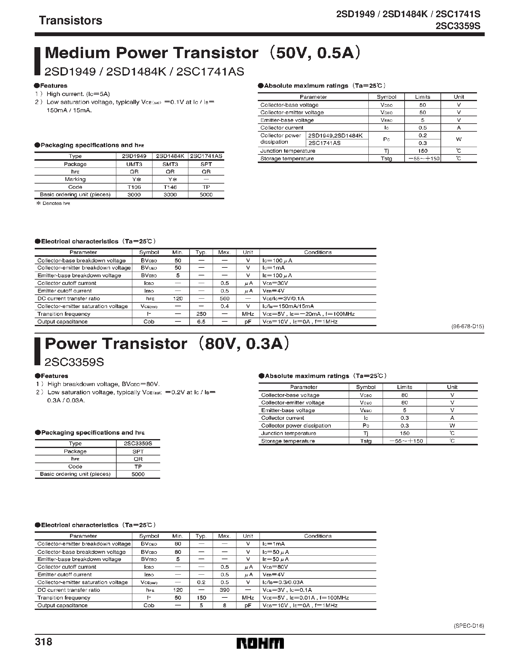 Даташит 2SD1949 - Medium Power Transistor (50V/ 0.5A) страница 1