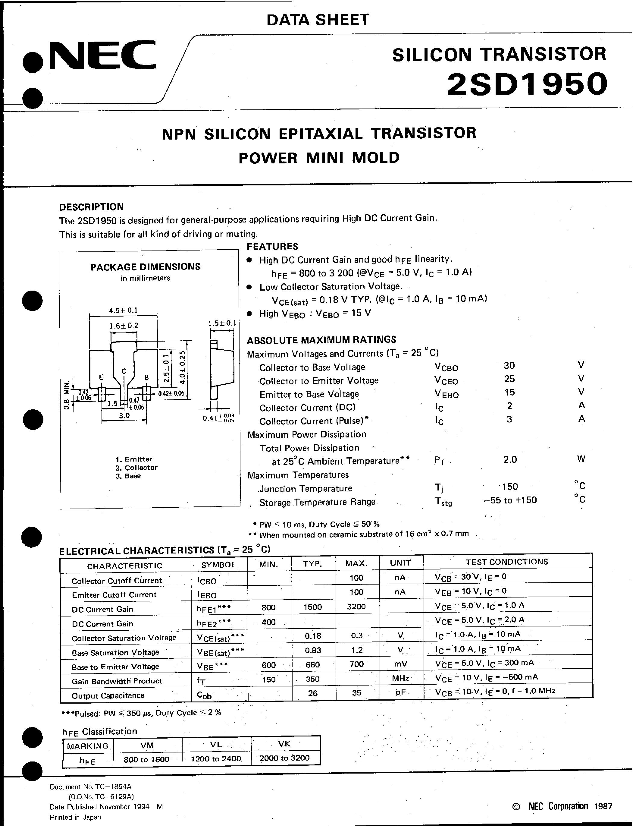 Даташит 2SD1950 - NPN SILICON EPITAXIAL TRANSISTOR POWER MINI MOLD страница 1