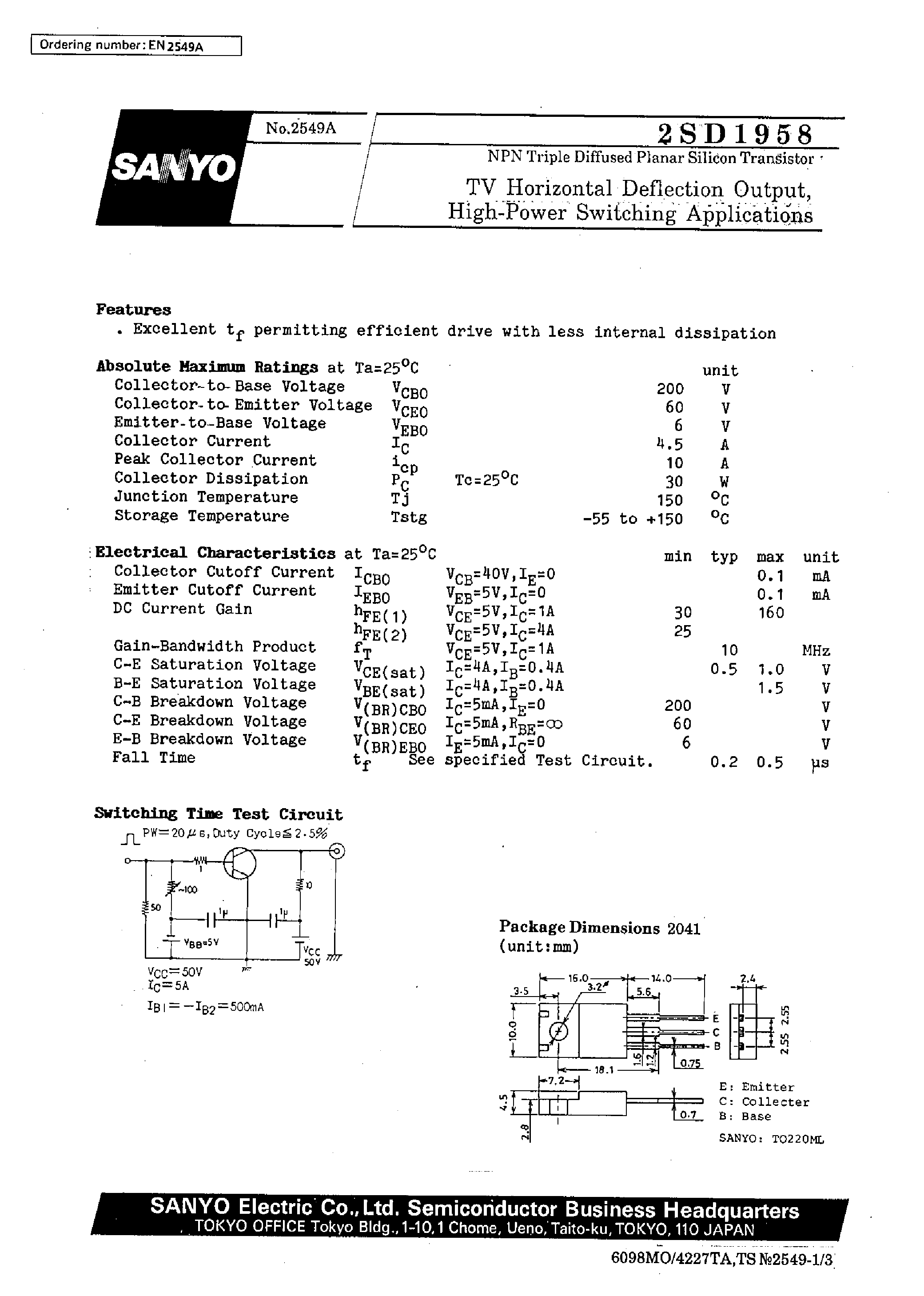 Даташит 2SD1958 - TV Horizontal Deflection Output/ High-Power Switching Applications страница 1