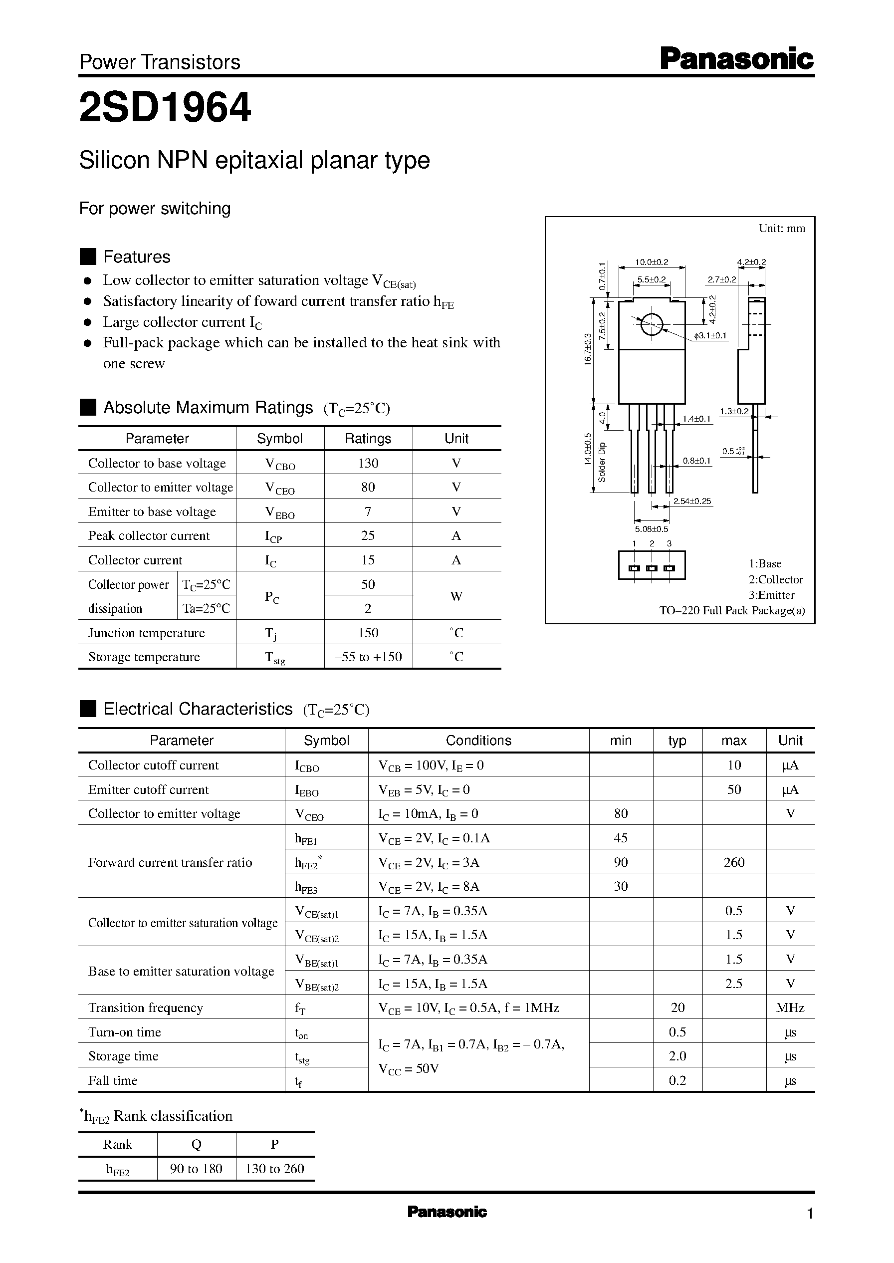 Даташит 2SD1964 - Silicon NPN epitaxial planar type(For power switching) страница 1