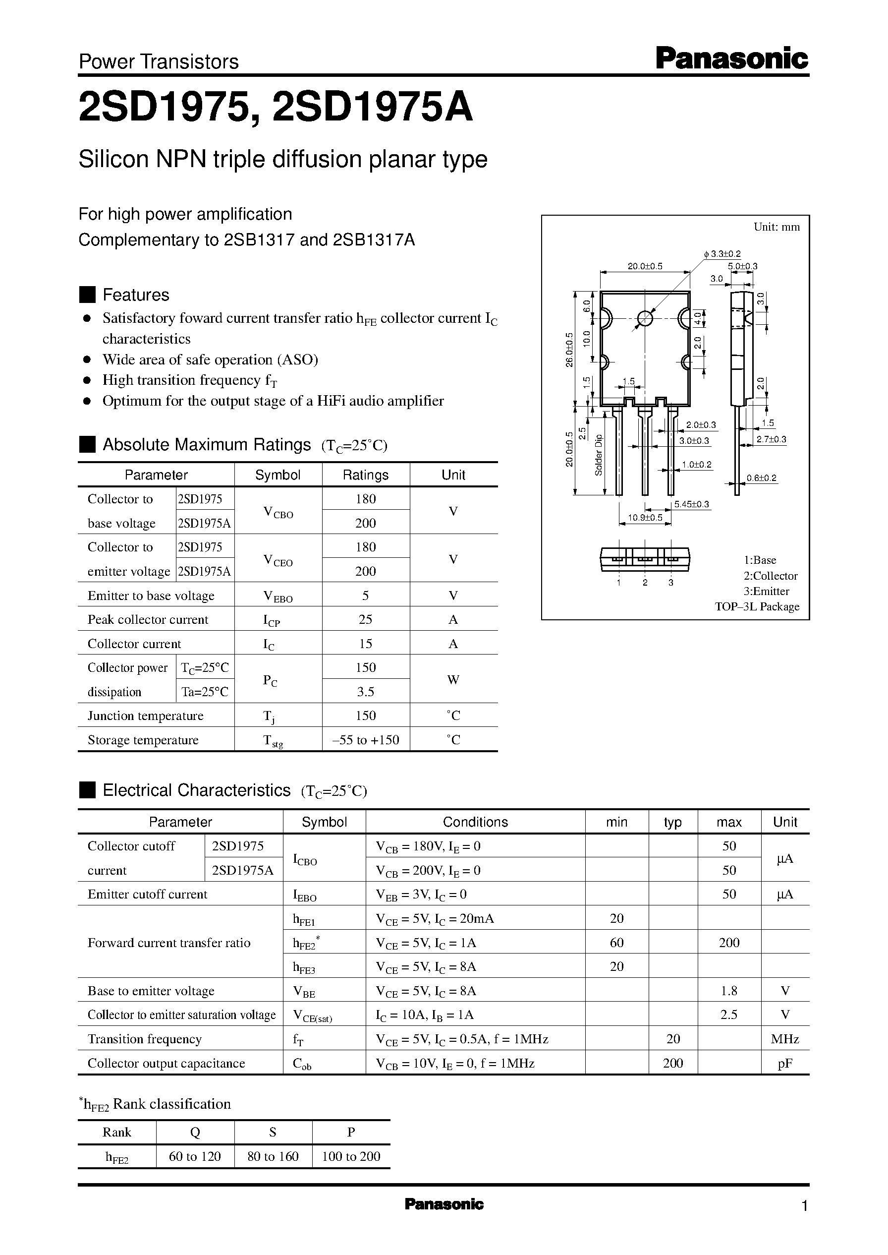 Даташит 2SD1975 - Silicon PNP triple diffusion planar type(For high power amplification) страница 1