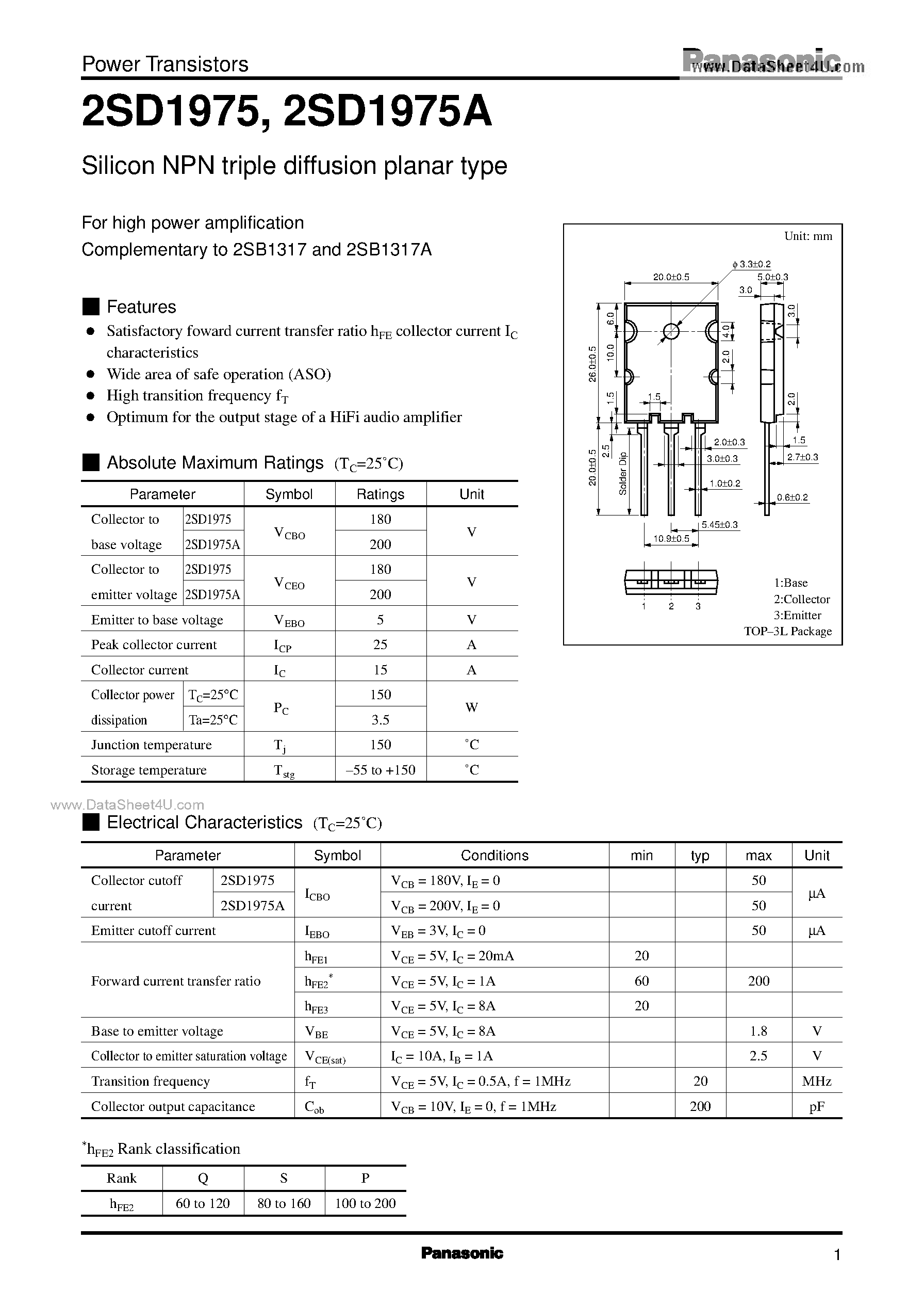 Даташит 2SD1975A - Silicon NPN triple diffusion planar type(For high power amplification) страница 1