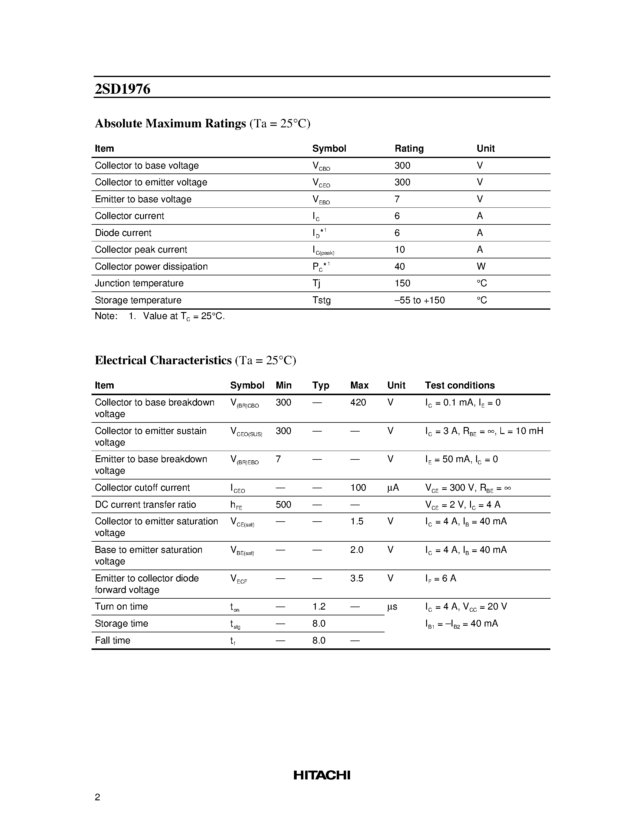 Даташит 2SD1976 - Silicon NPN Triple Diffused страница 2