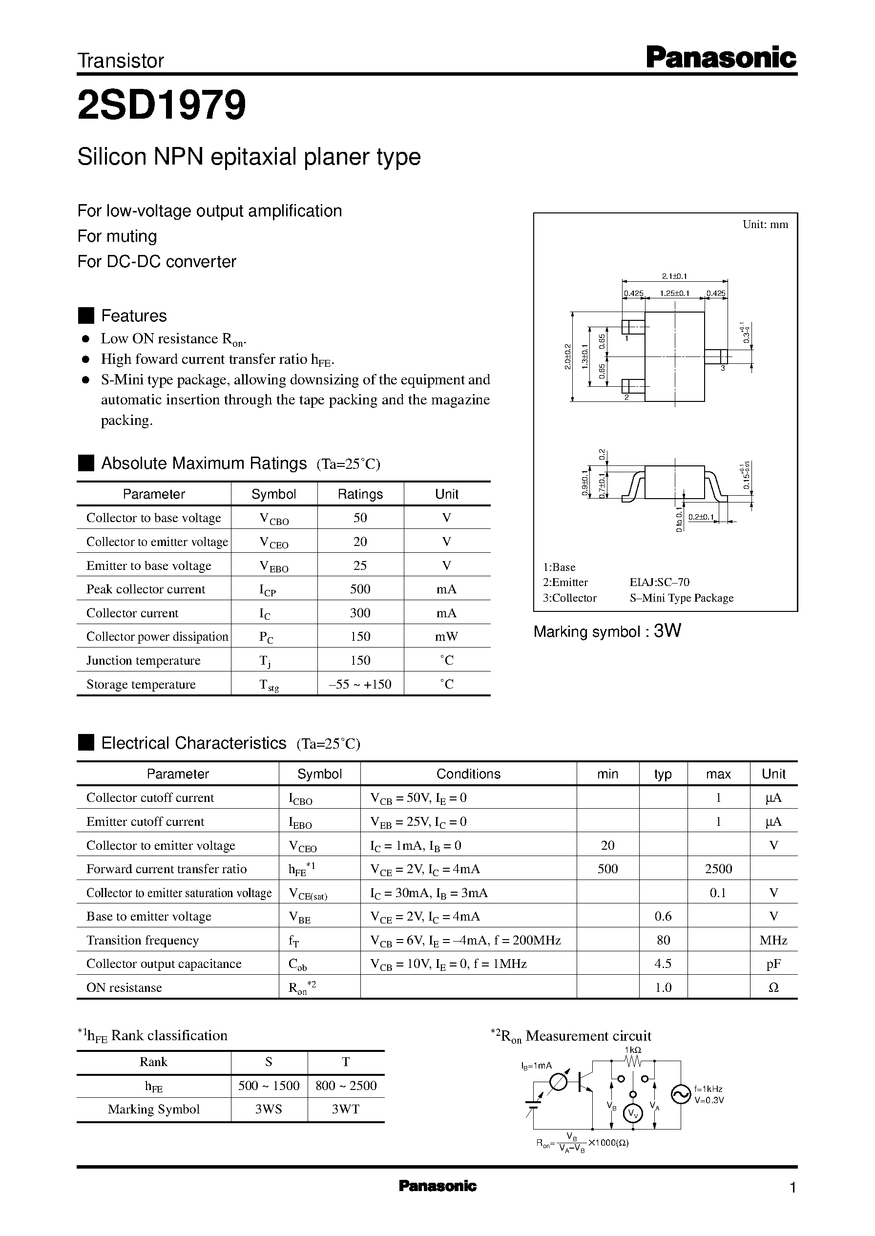 Даташит 2SD1979 - Silicon NPN epitaxial planer type(For low-voltage output amplification) страница 1