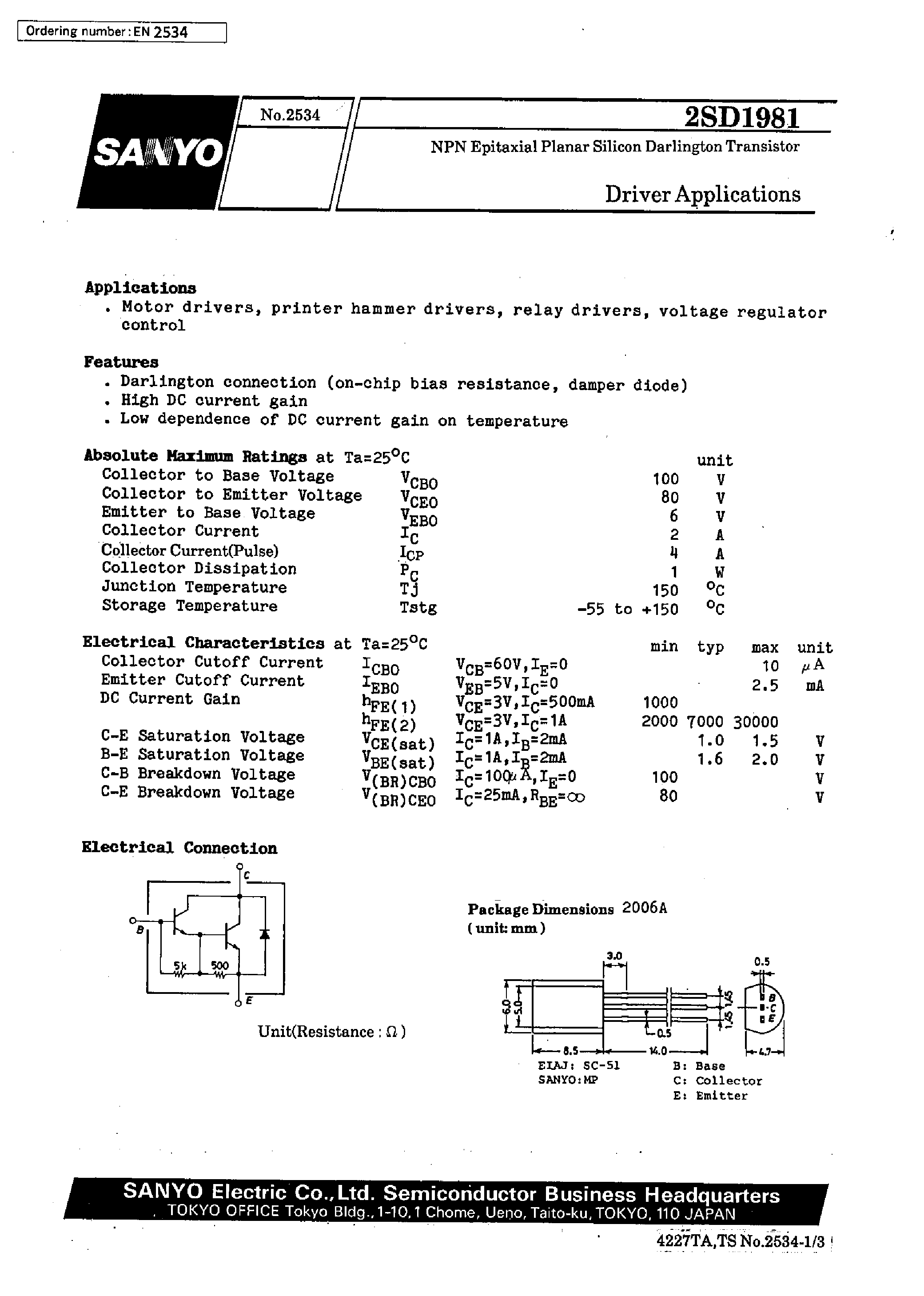 Даташит 2SD1981 - Driver Applications страница 1