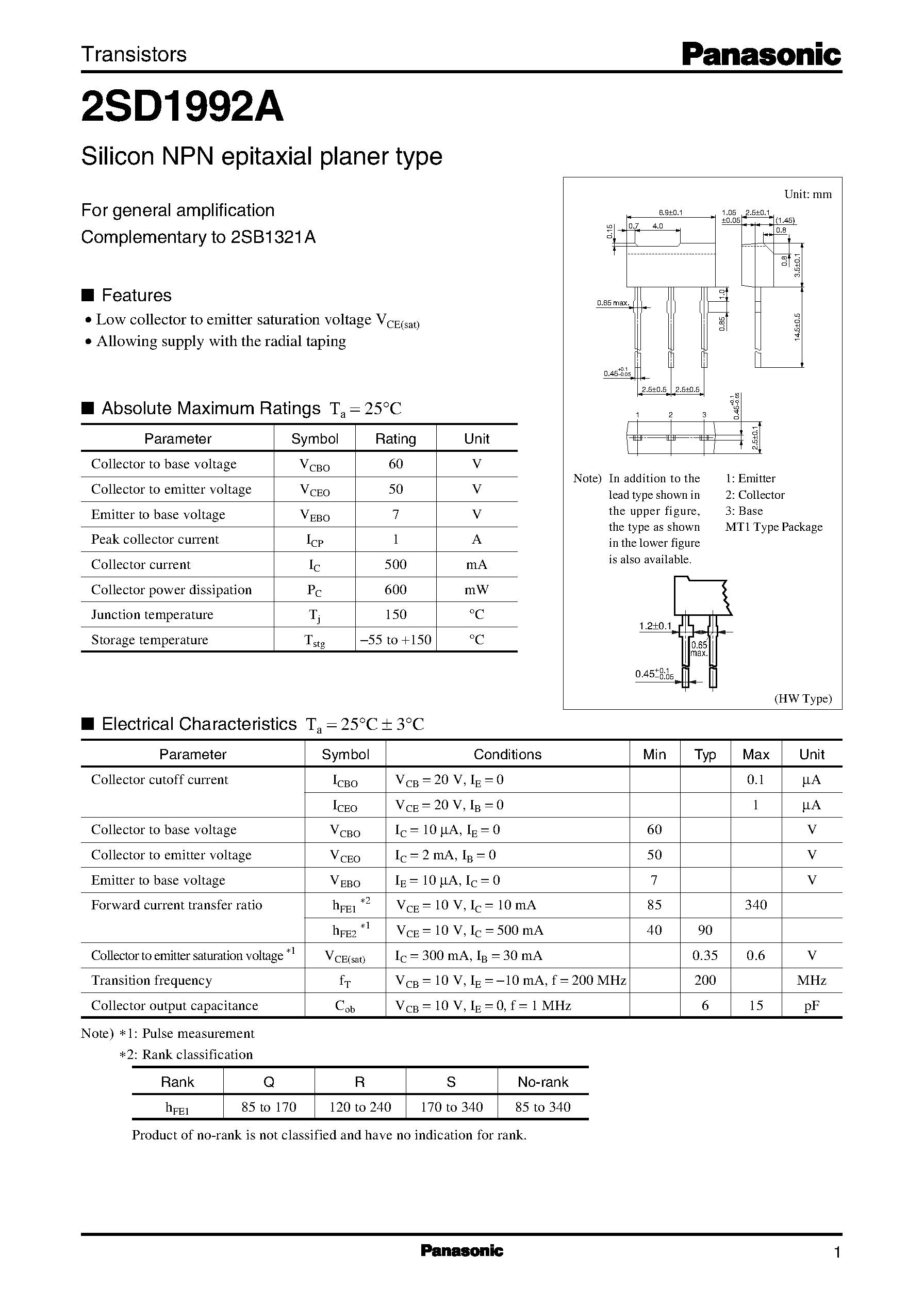 Даташит 2SD1992A - Silicon NPN epitaxial planer type страница 1