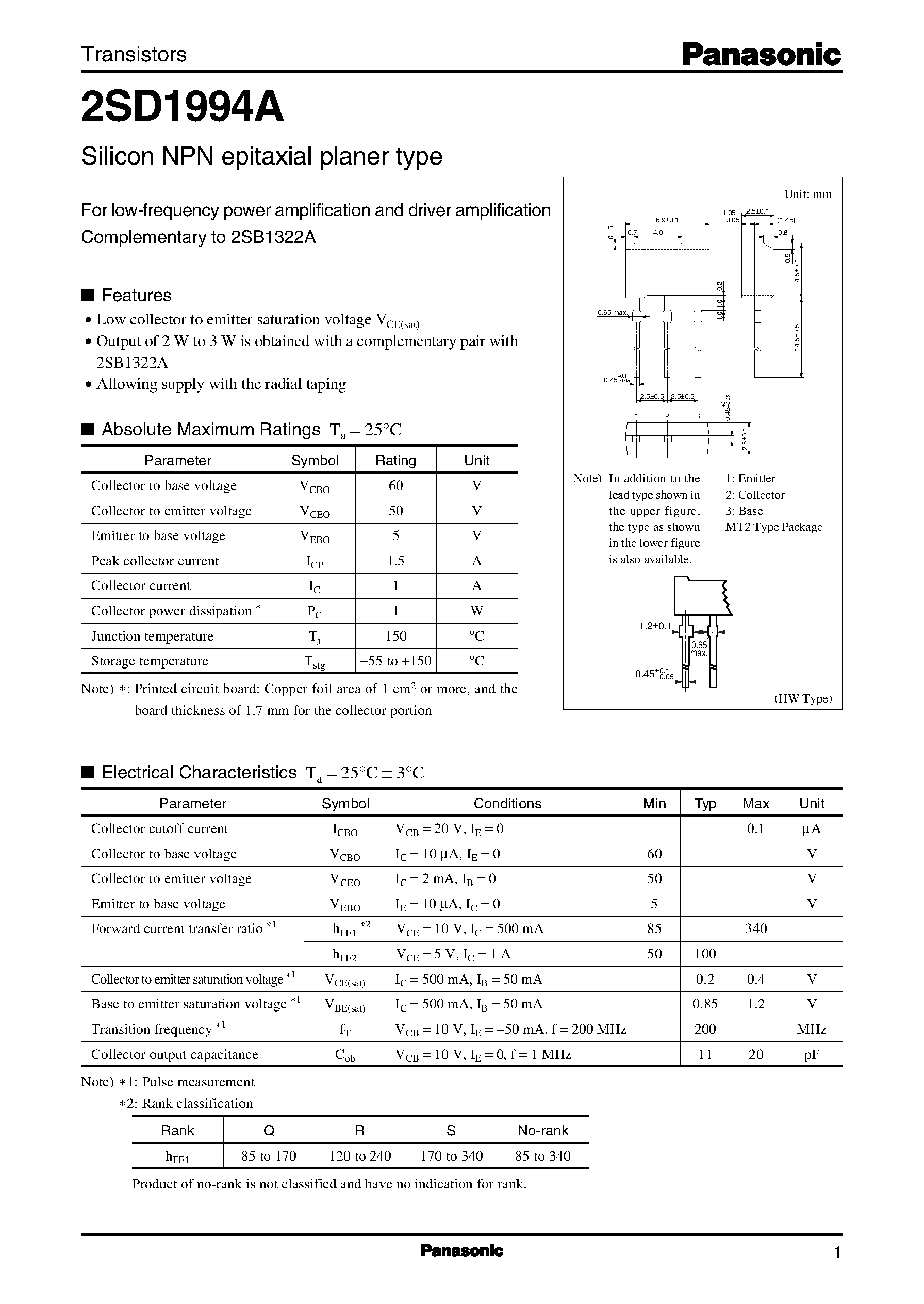 Даташит 2SD1994A - Silicon NPN epitaxial planer type(For low-frequency power amplification and driver amplification) страница 1