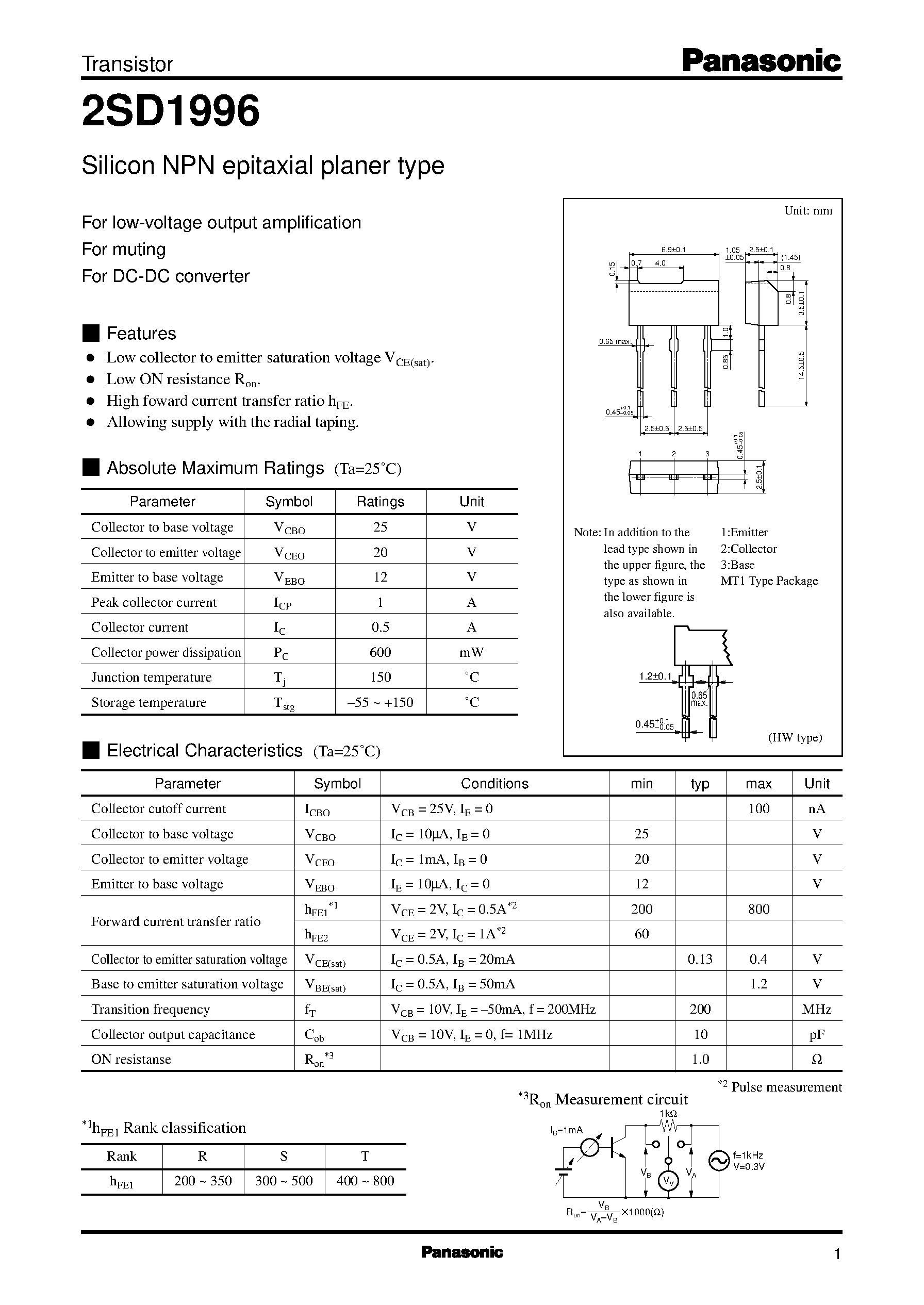 Даташит 2SD1996 - Silicon PNP epitaxial planer type(For low-frequency power amplification) страница 1