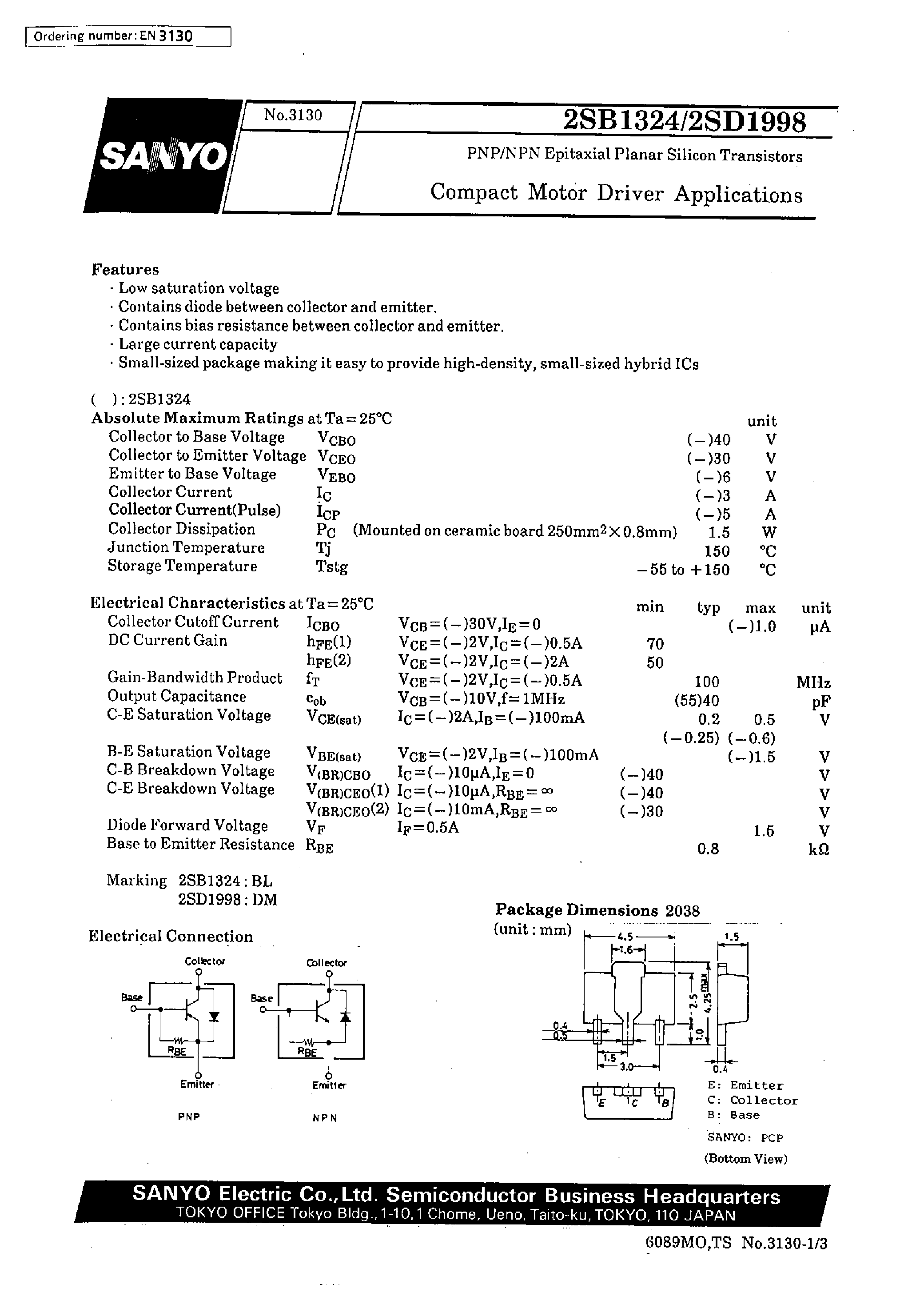 Даташит 2SD1998 - Compact Motor Driver Applications страница 1