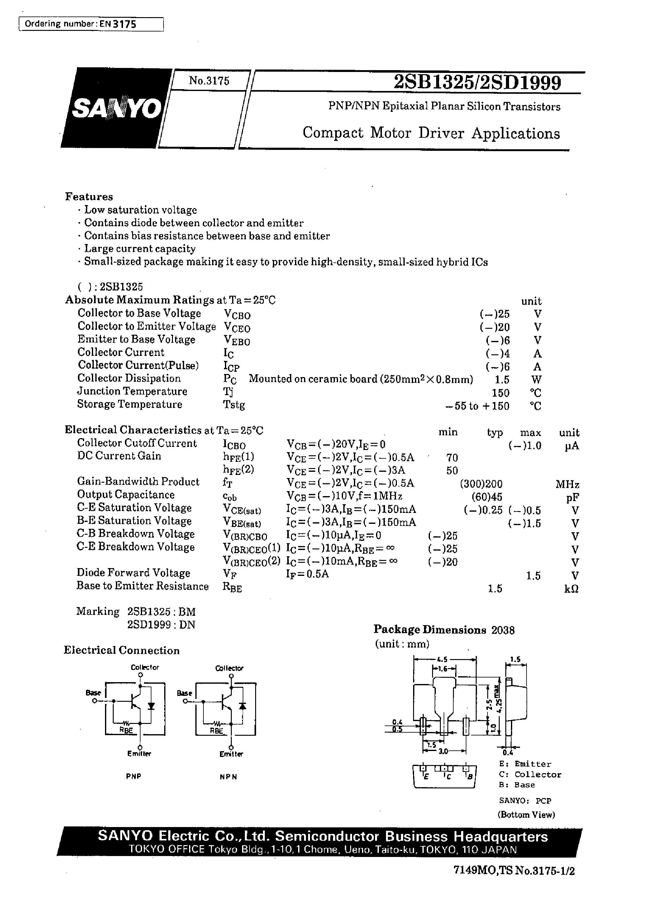 Даташит 2SD1999 - Compact Motor Driver Applications страница 1