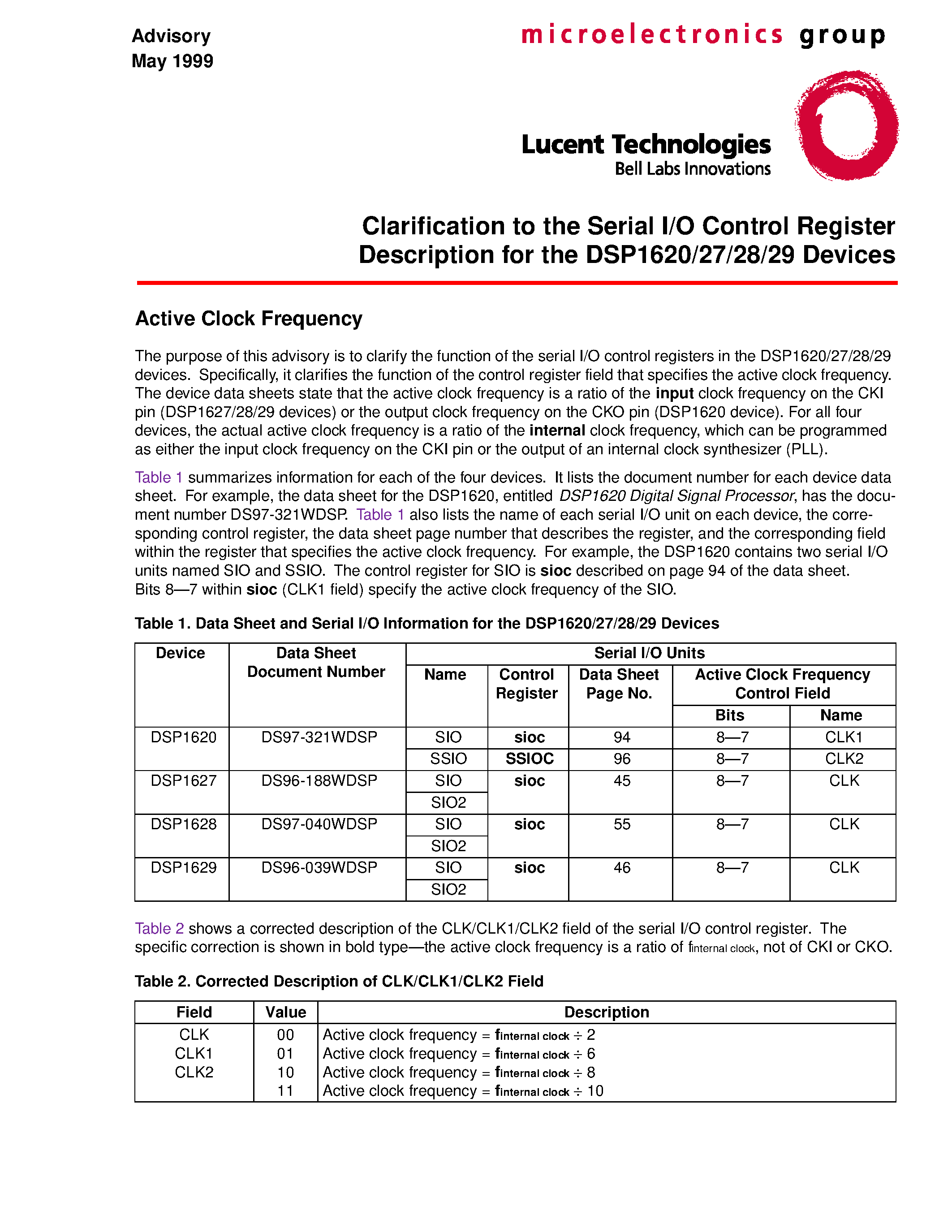 Даташит DSP1620 - Clarification to the Serial I/O Control Register Description for the DSP1620/27/28/29 Devices страница 1