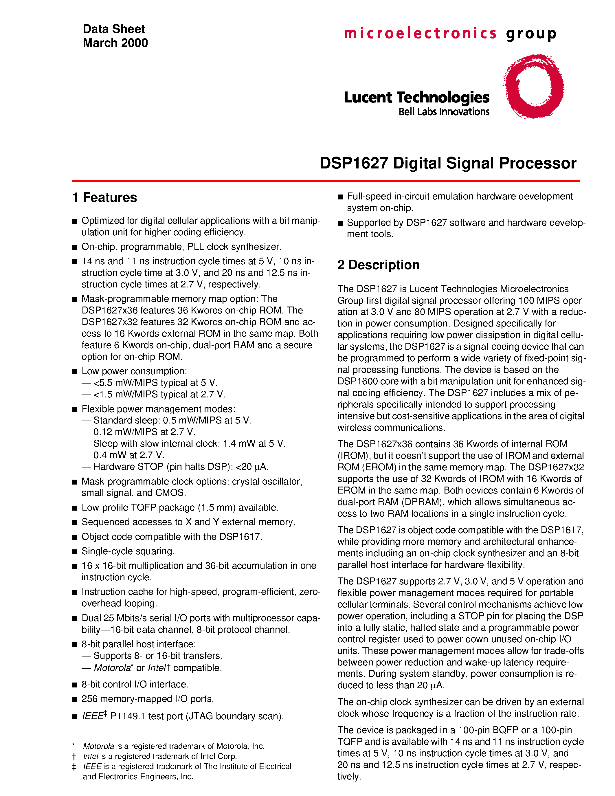 Даташит DSP1627 - Clarification to the Serial I/O Control Register Description for the DSP1620/27/28/29 Devices страница 1