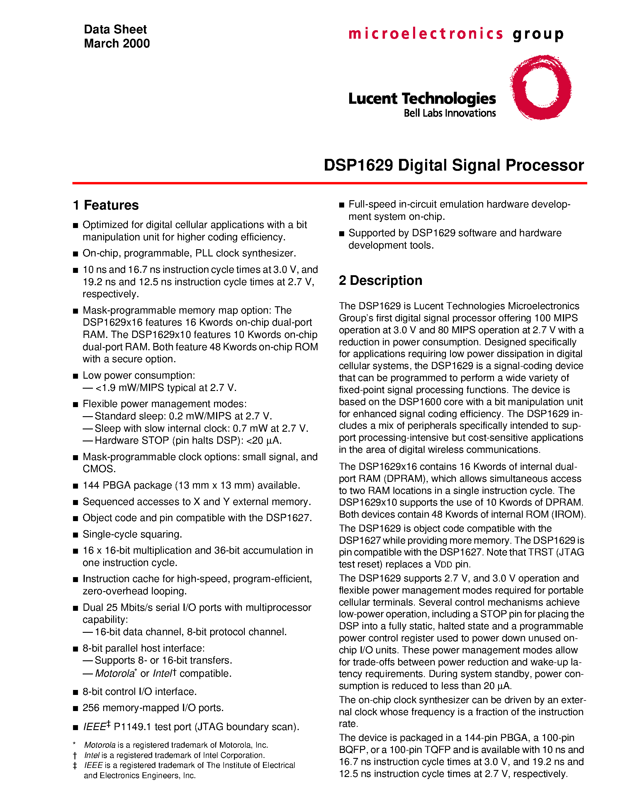 Даташит DSP1629 - Clarification to the Serial I/O Control Register Description for the DSP1620/27/28/29 Devices страница 1