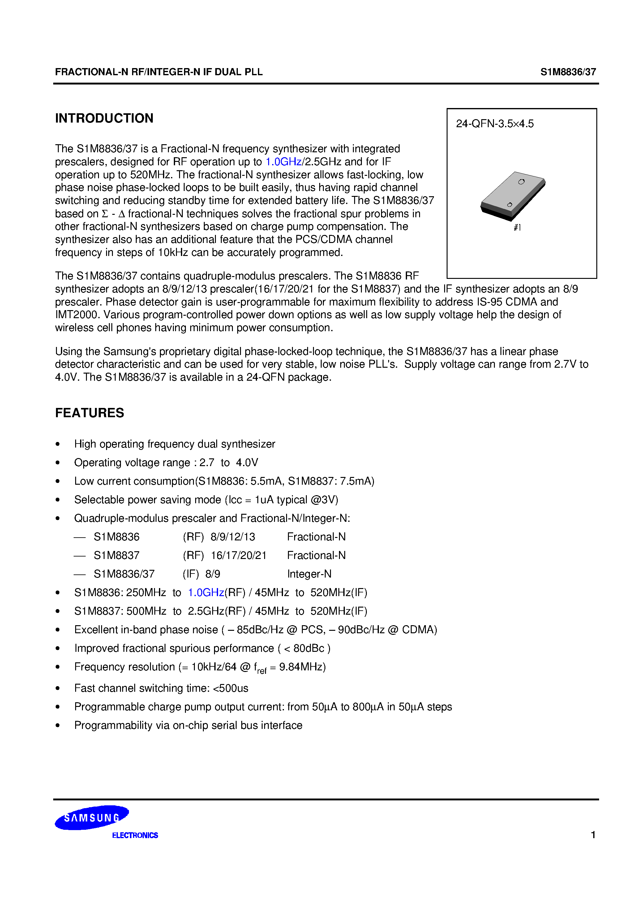 Даташит DS_S1M8837 - FRACTIONAL-N RF/INTEGER-N IF DUAL PLL страница 1