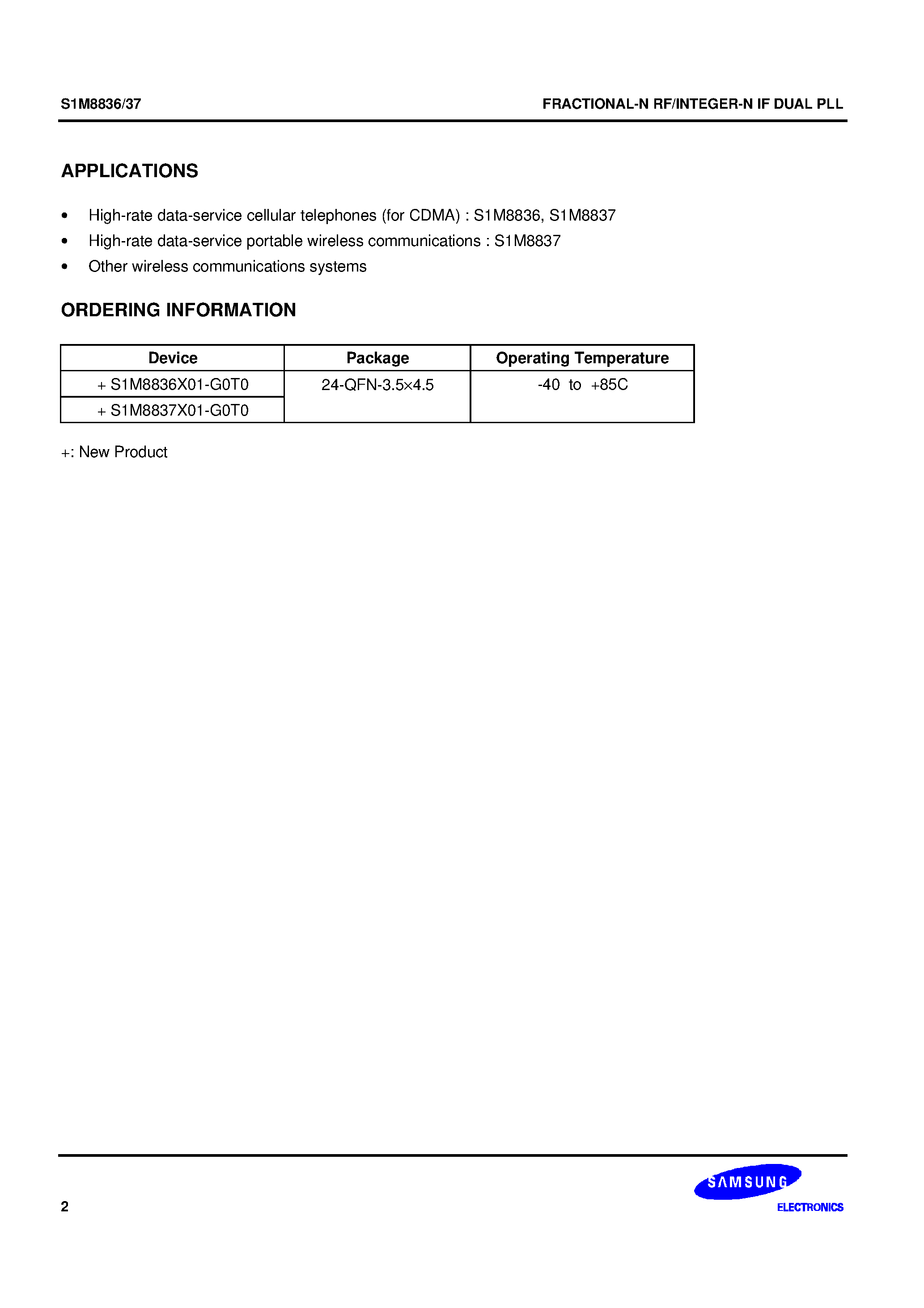 Даташит DS_S1M8837 - FRACTIONAL-N RF/INTEGER-N IF DUAL PLL страница 2