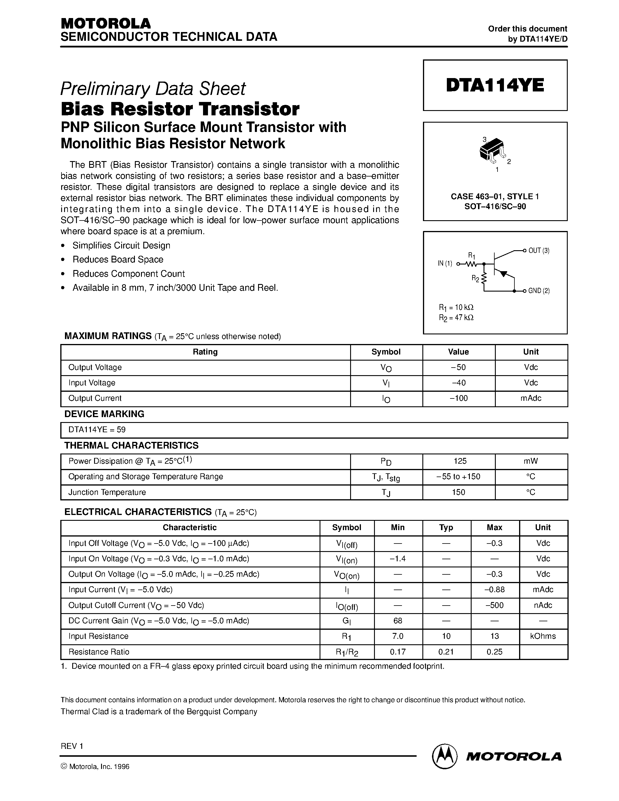 Даташит DTA114YE - Bias Resistor Transistor PNP Silicon Surface Mount Transistor with Monolithic Bias Resistor Network страница 1