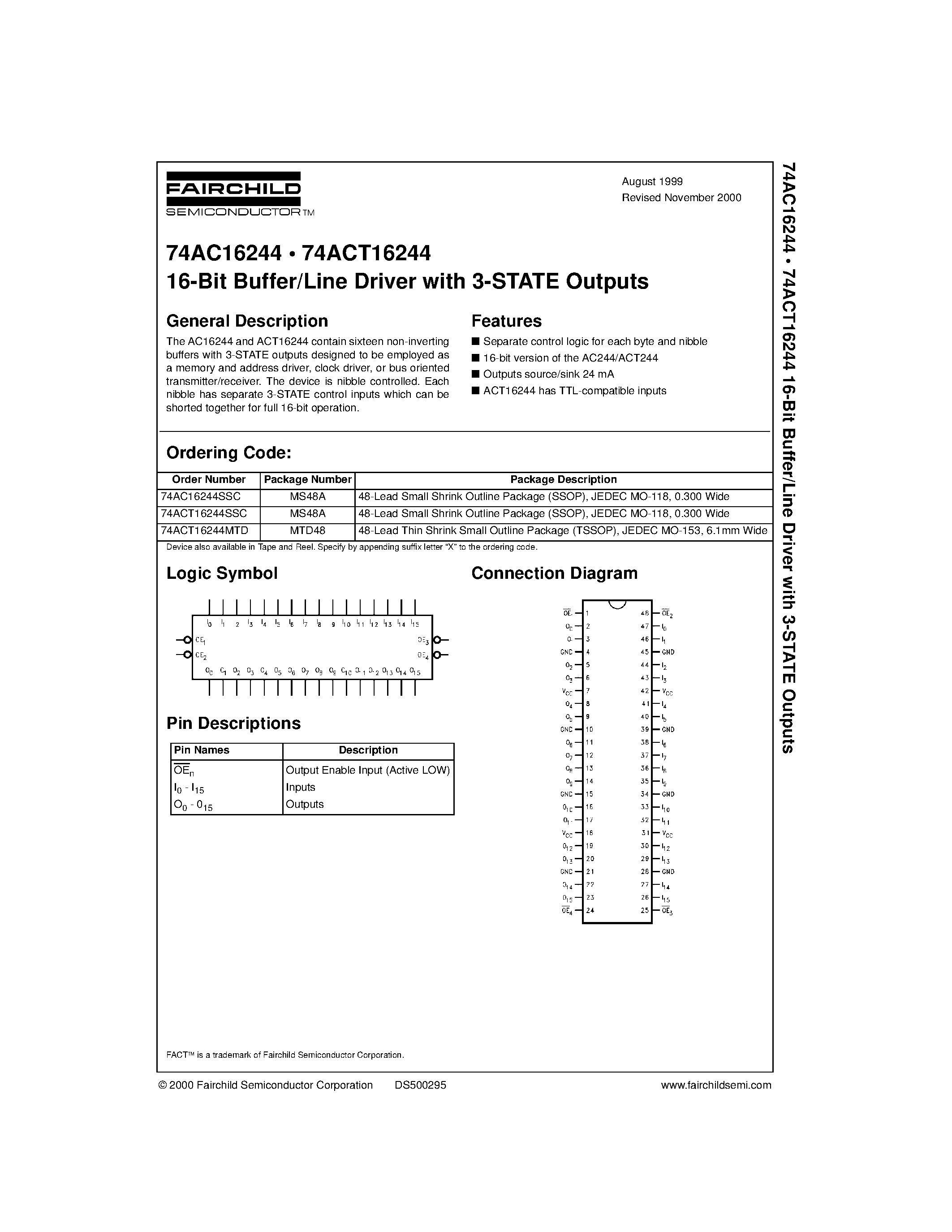 Даташит 74ACT16244SSC - 16-Bit Buffer/Line Driver with 3-STATE Outputs страница 1