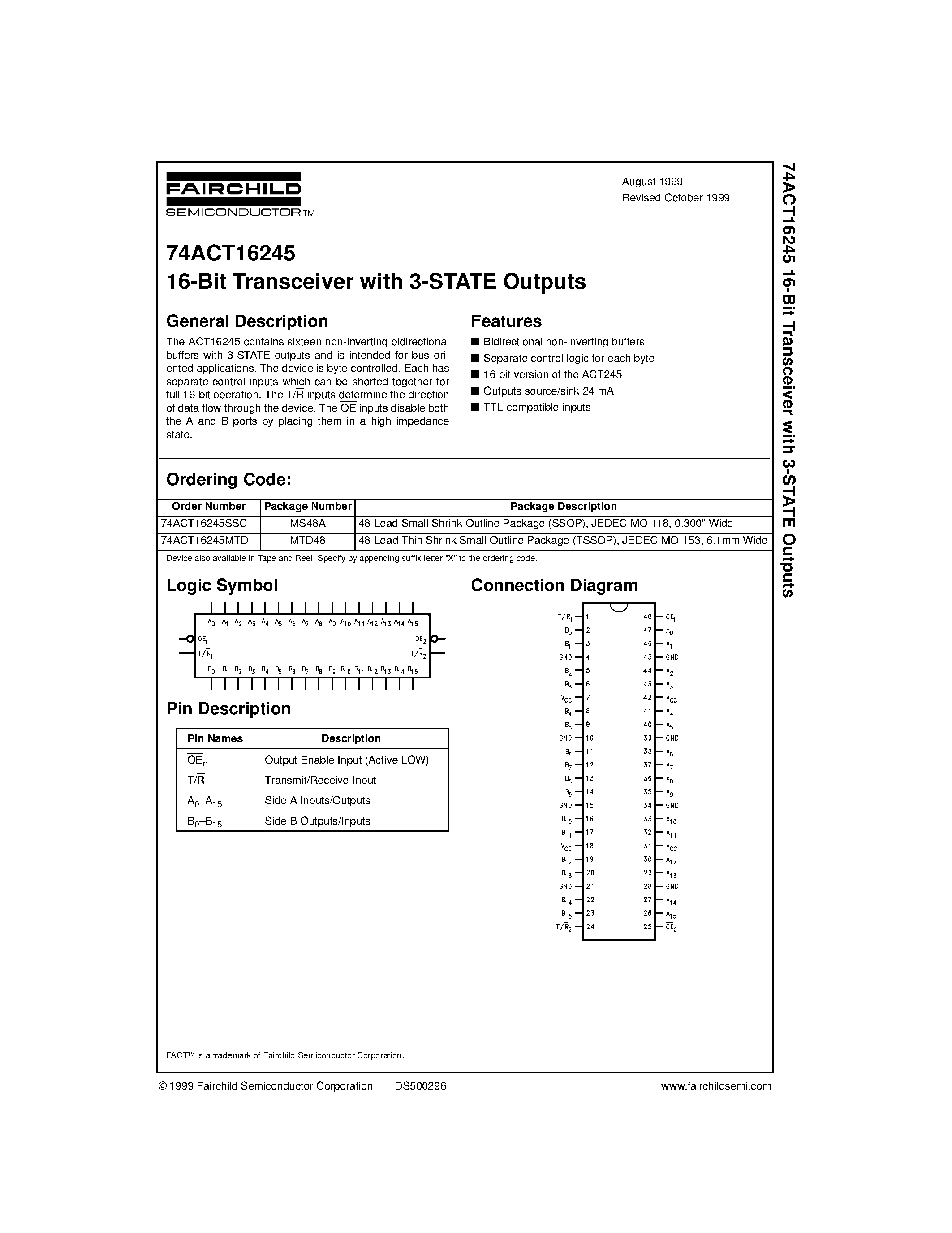 Даташит 74ACT16245 - 16-Bit Transceiver with 3-STATE Outputs страница 1