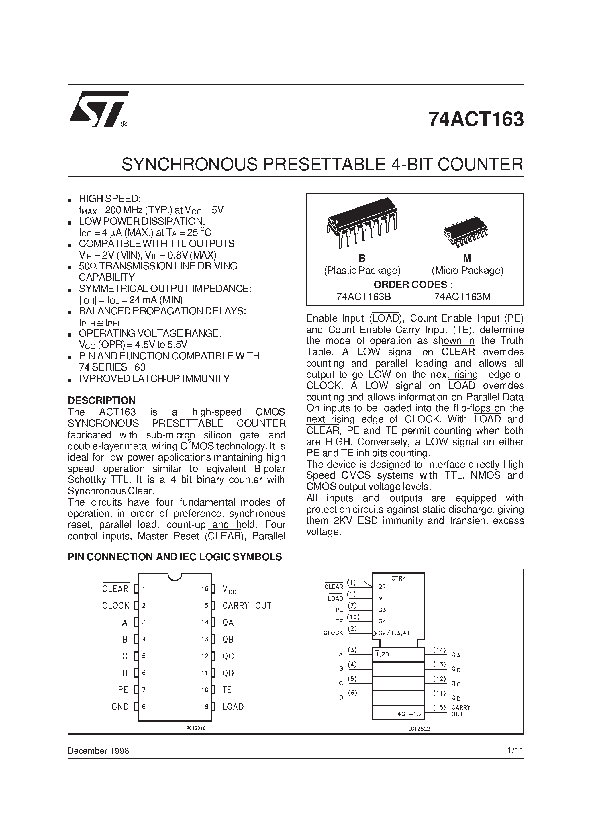 Даташит 74ACT163 - SYNCHRONOUS PRESETTABLE 4-BIT COUNTER страница 1