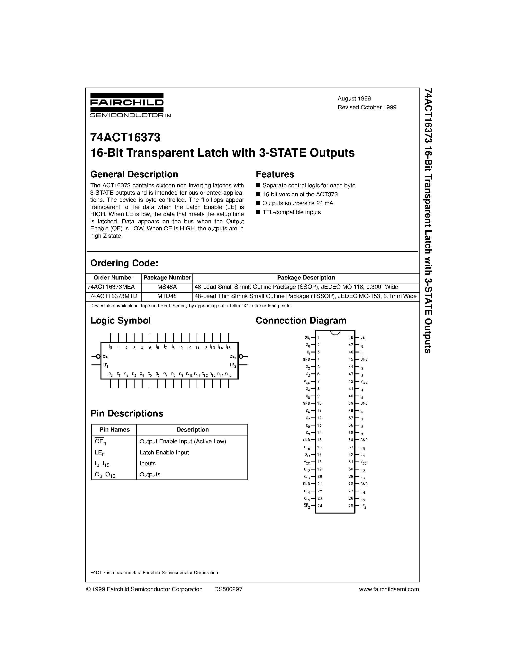 Даташит 74ACT16373 - 16-Bit Transparent Latch with 3-STATE Outputs страница 1