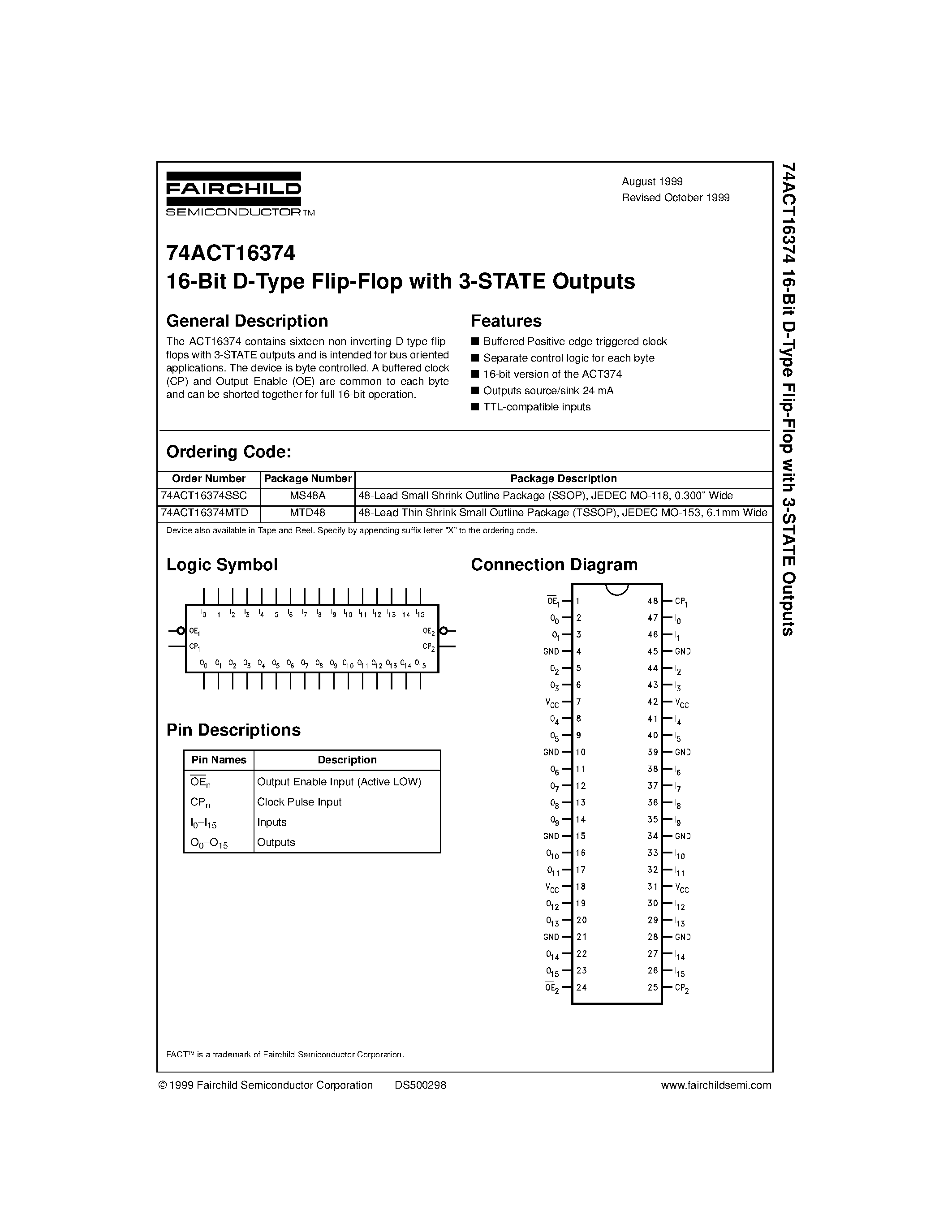 Даташит 74ACT16374MTD - 16-Bit D-Type Flip-Flop with 3-STATE Outputs страница 1