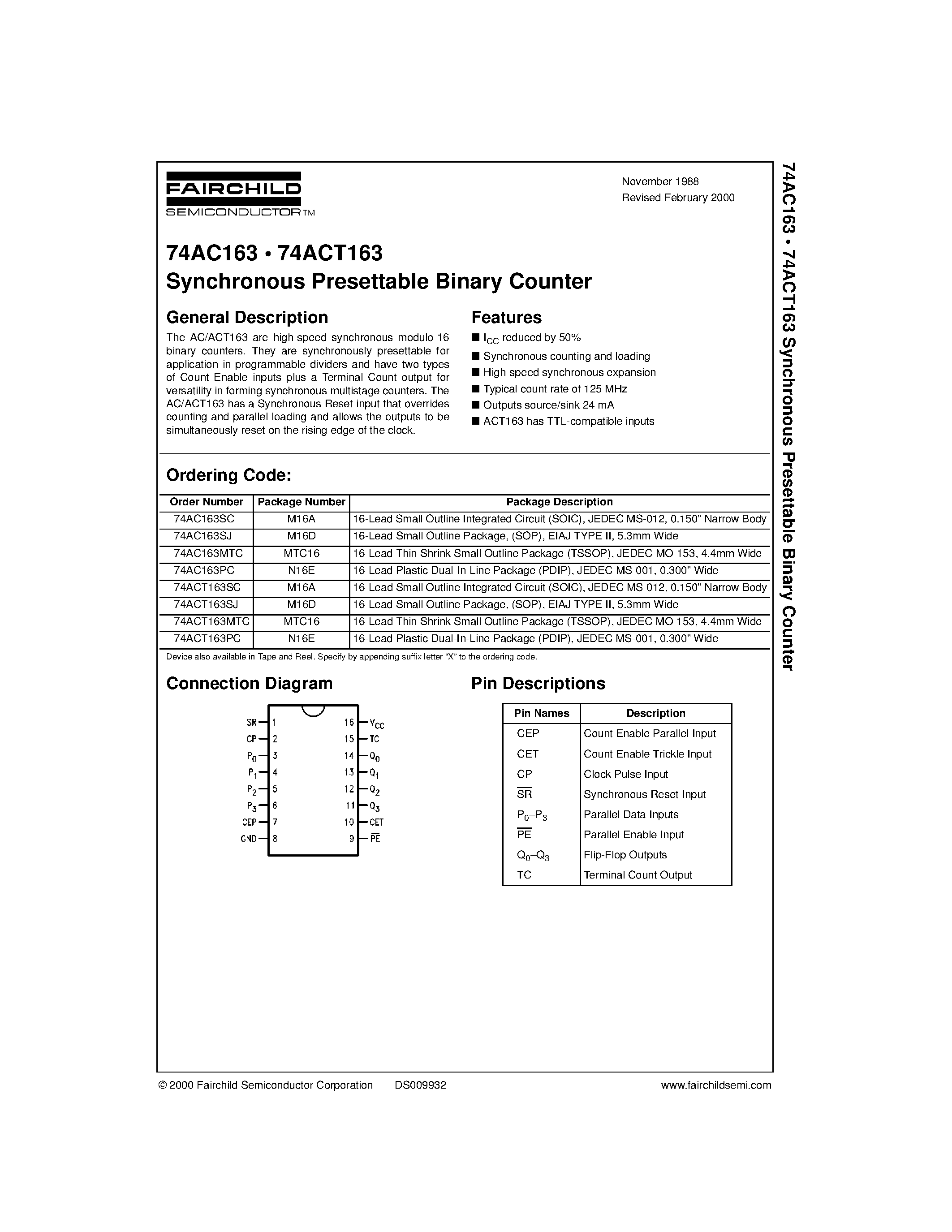 Даташит 74ACT163MTC - Synchronous Presettable Binary Counter страница 1