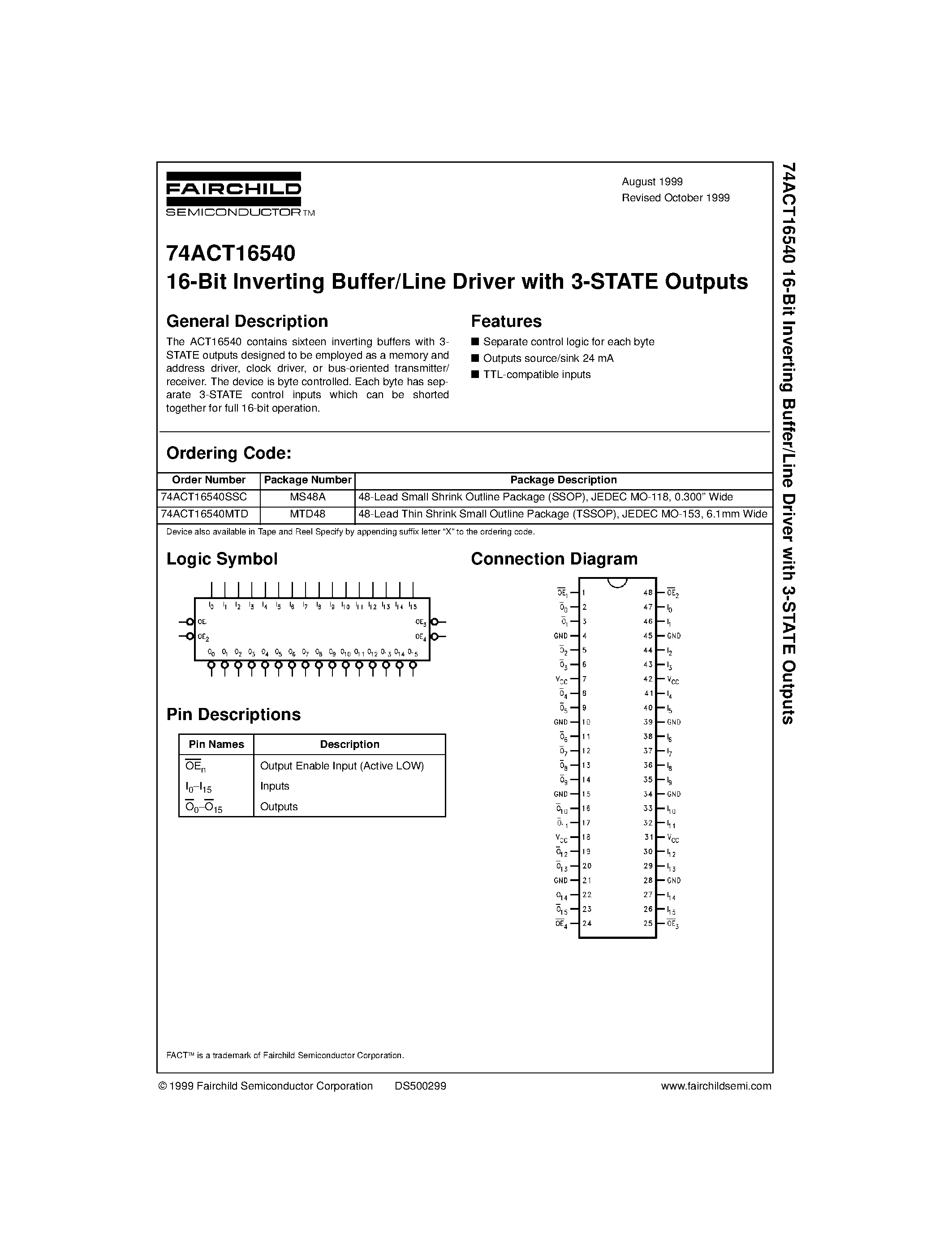 Даташит 74ACT16540 - 16-Bit Inverting Buffer/Line Driver with 3-STATE Outputs страница 1