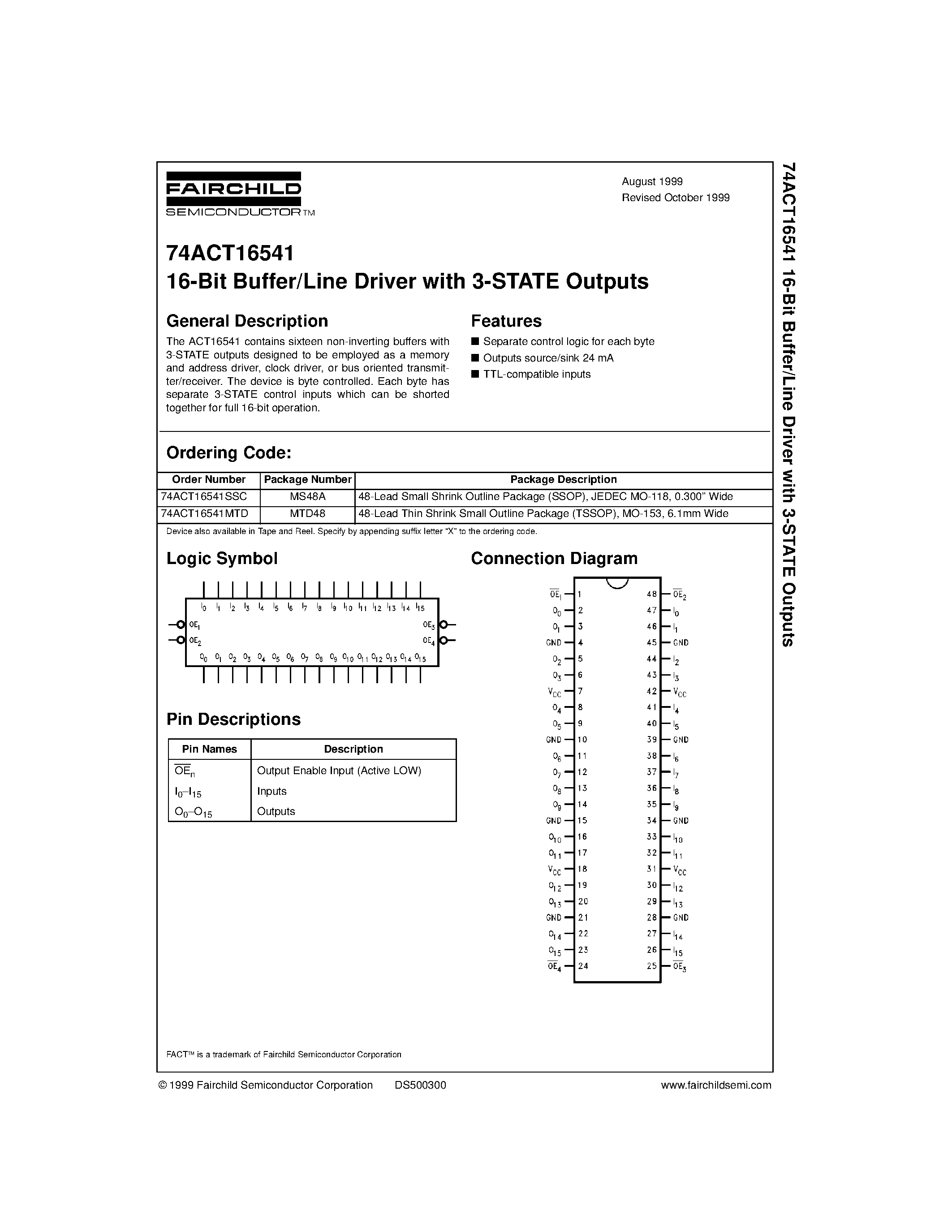 Даташит 74ACT16541MTD - 16-Bit Buffer/Line Driver with 3-STATE Outputs страница 1