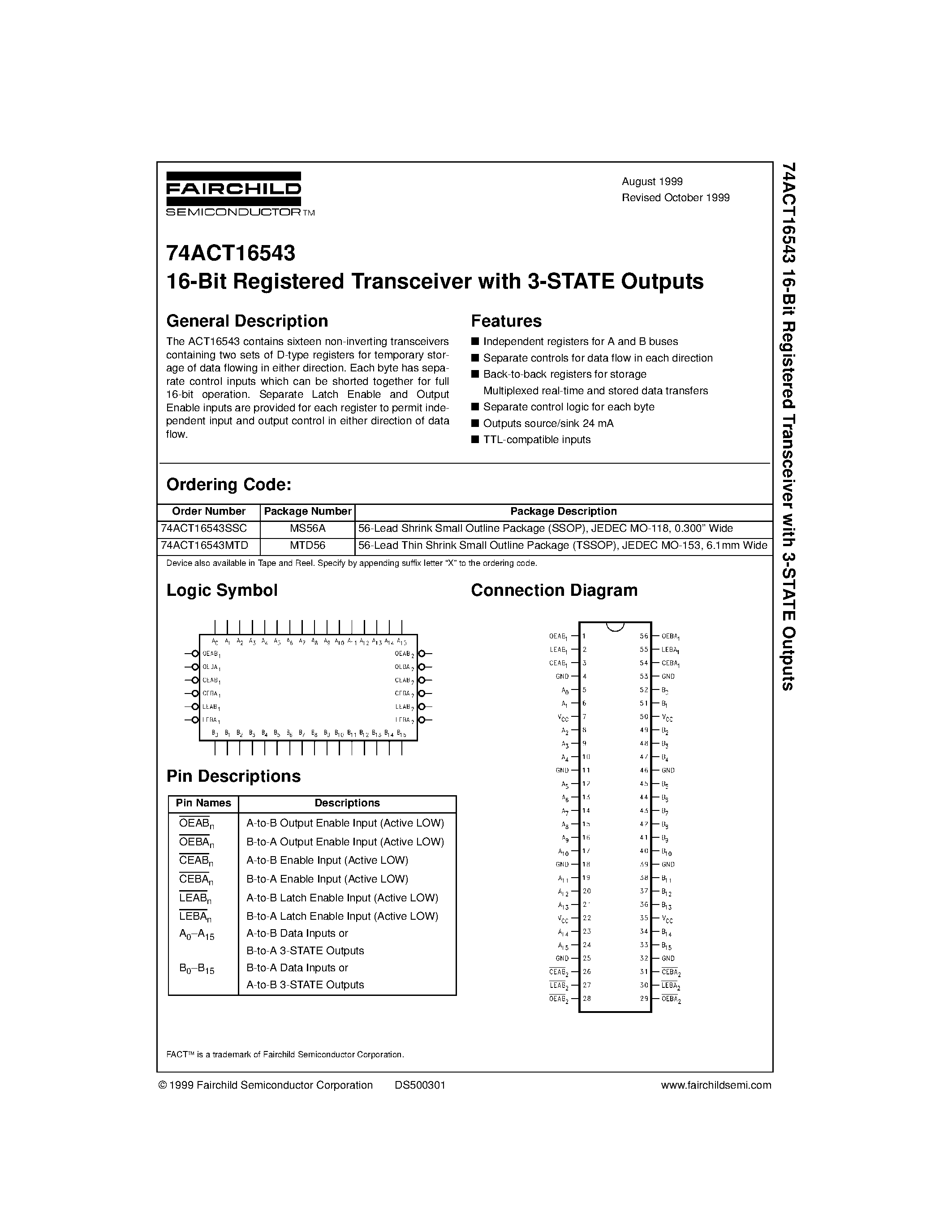 Даташит 74ACT16543MTD - 16-Bit Registered Transceiver with 3-STATE Outputs страница 1