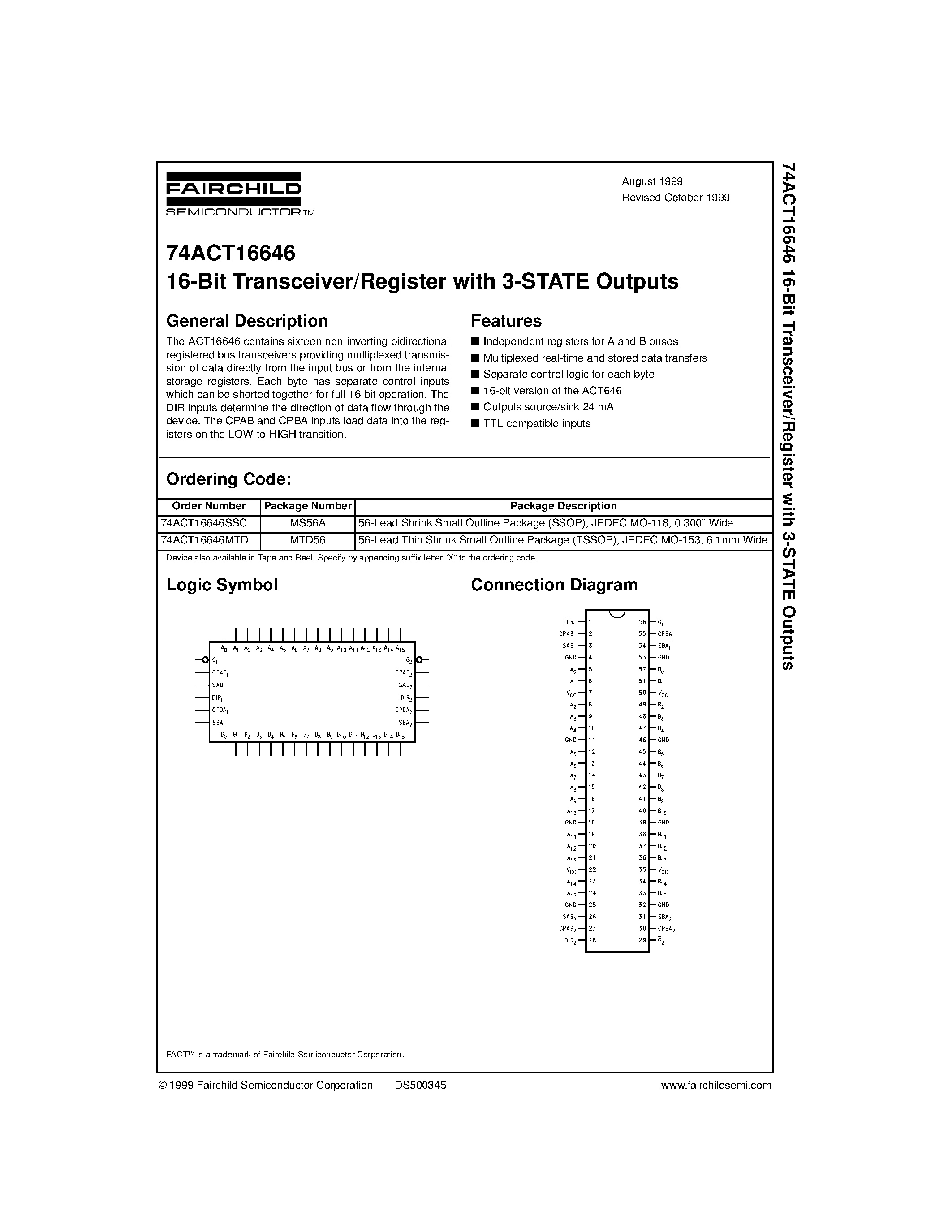 Даташит 74ACT16646 - 16-Bit Transceiver/Register with 3-STATE Outputs страница 1