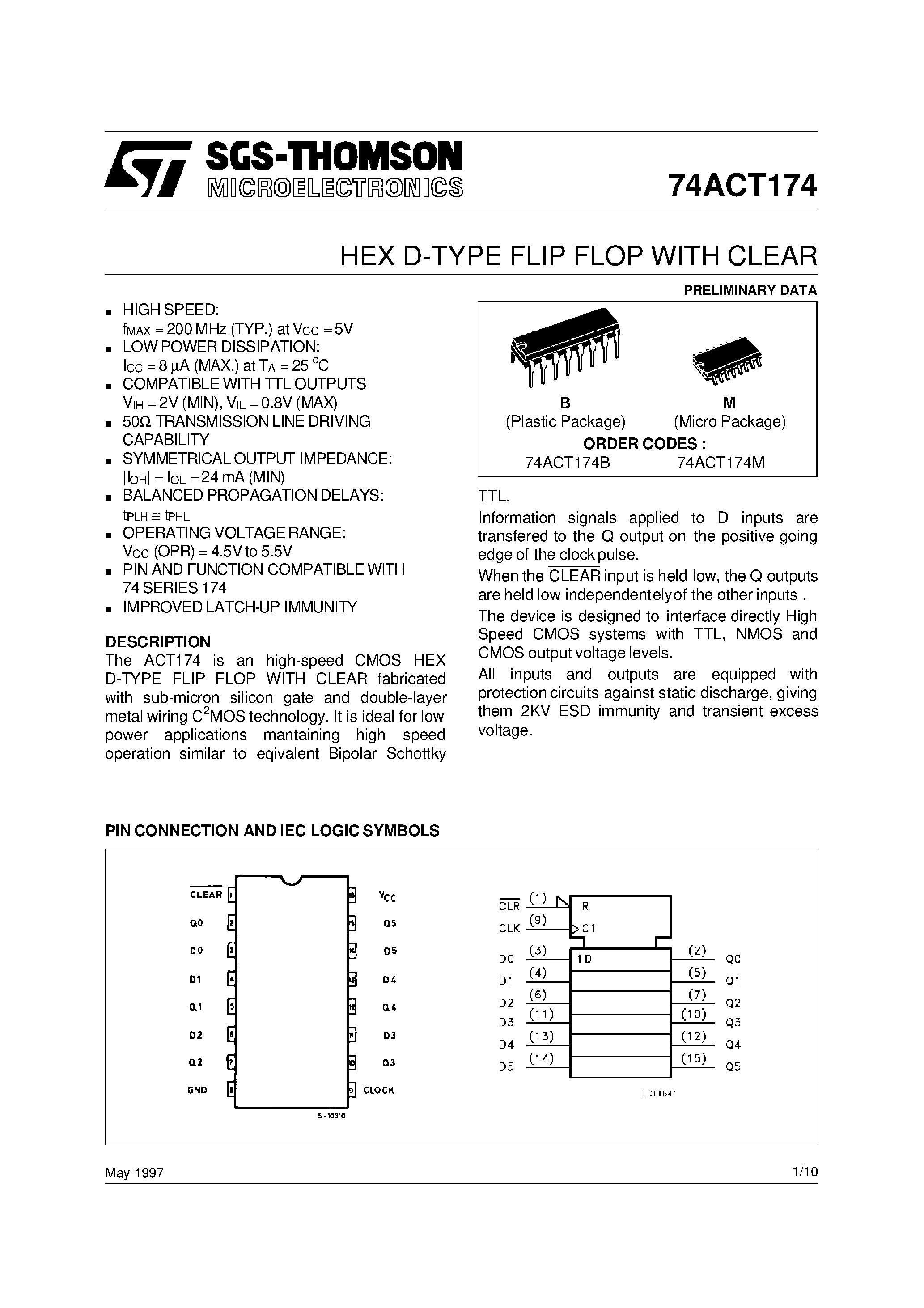 Даташит 74ACT174 - HEX D-TYPE FLIP FLOP WITH CLEAR страница 1