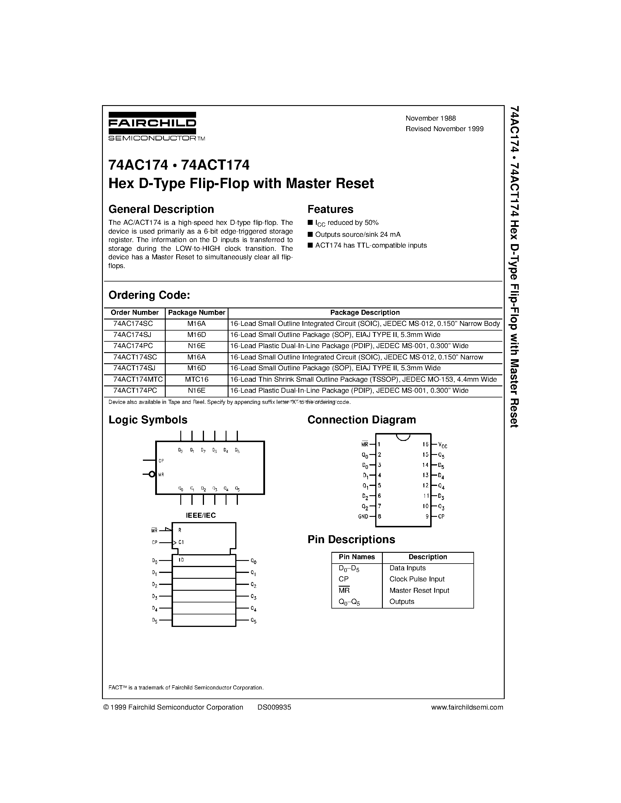 Даташит 74ACT174MTC - Hex D-Type Flip-Flop with Master Reset страница 1