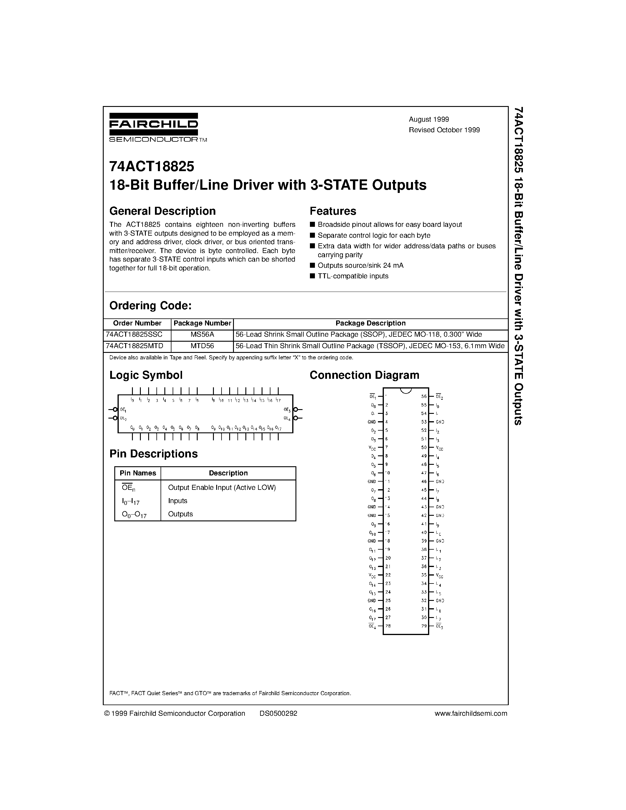 Даташит 74ACT18825MTD - 18-Bit Buffer/Line Driver with 3-STATE Outputs страница 1